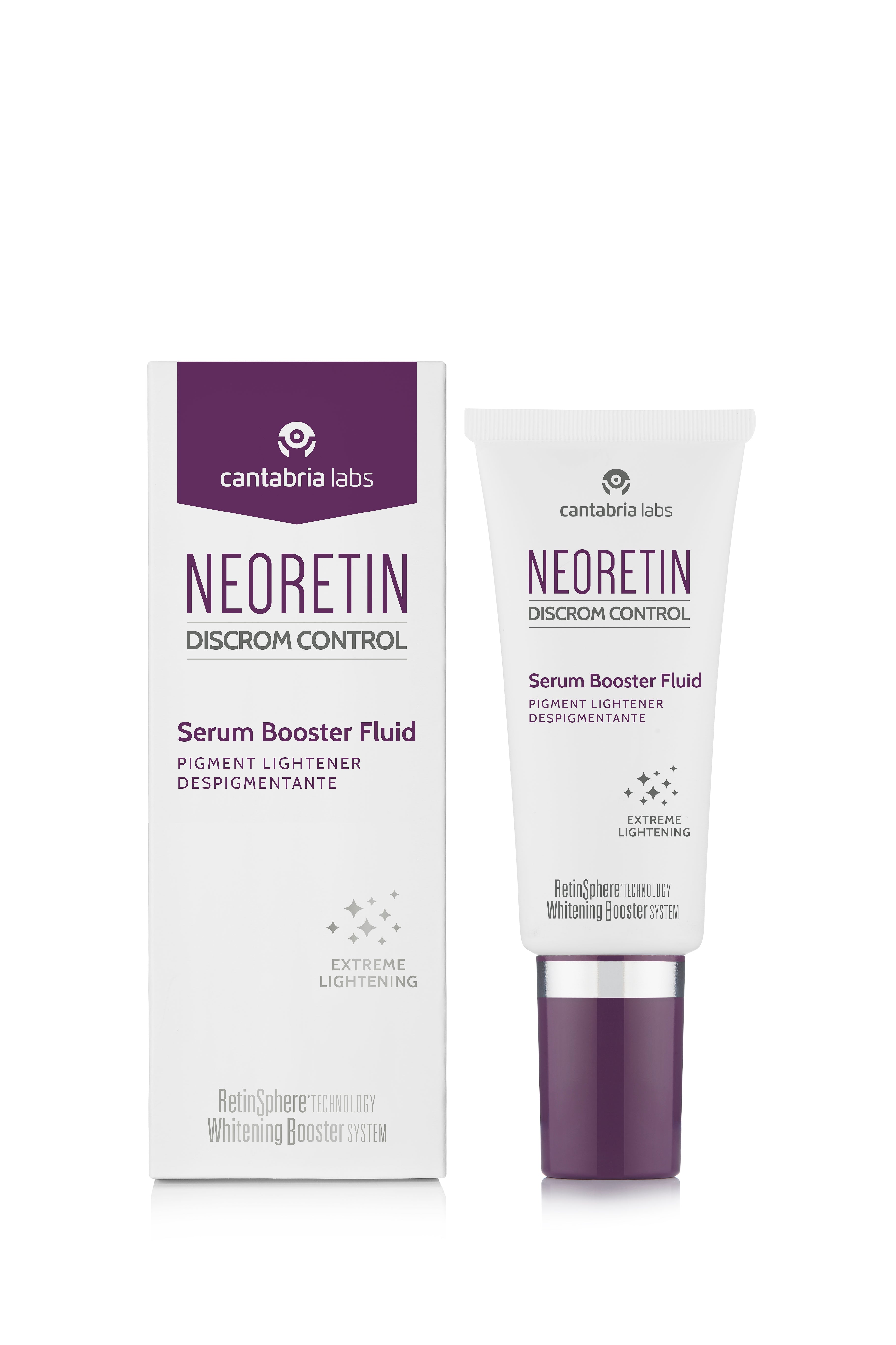 Neoretin Discrom Control Serum Booster Fluid 30ml with outer box, featuring depigmenting formula for dark spots and uneven skin tone correction.