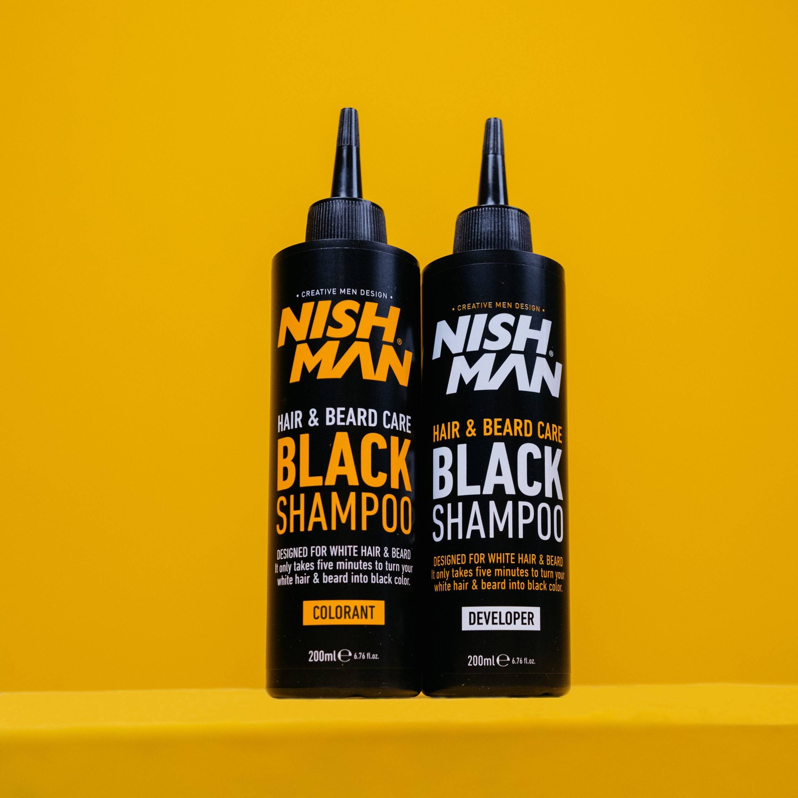 Nishman Black Shampoo Colorant and Developer bottles, 200ml each, for fast and easy black hair and beard coloring on all hair types.