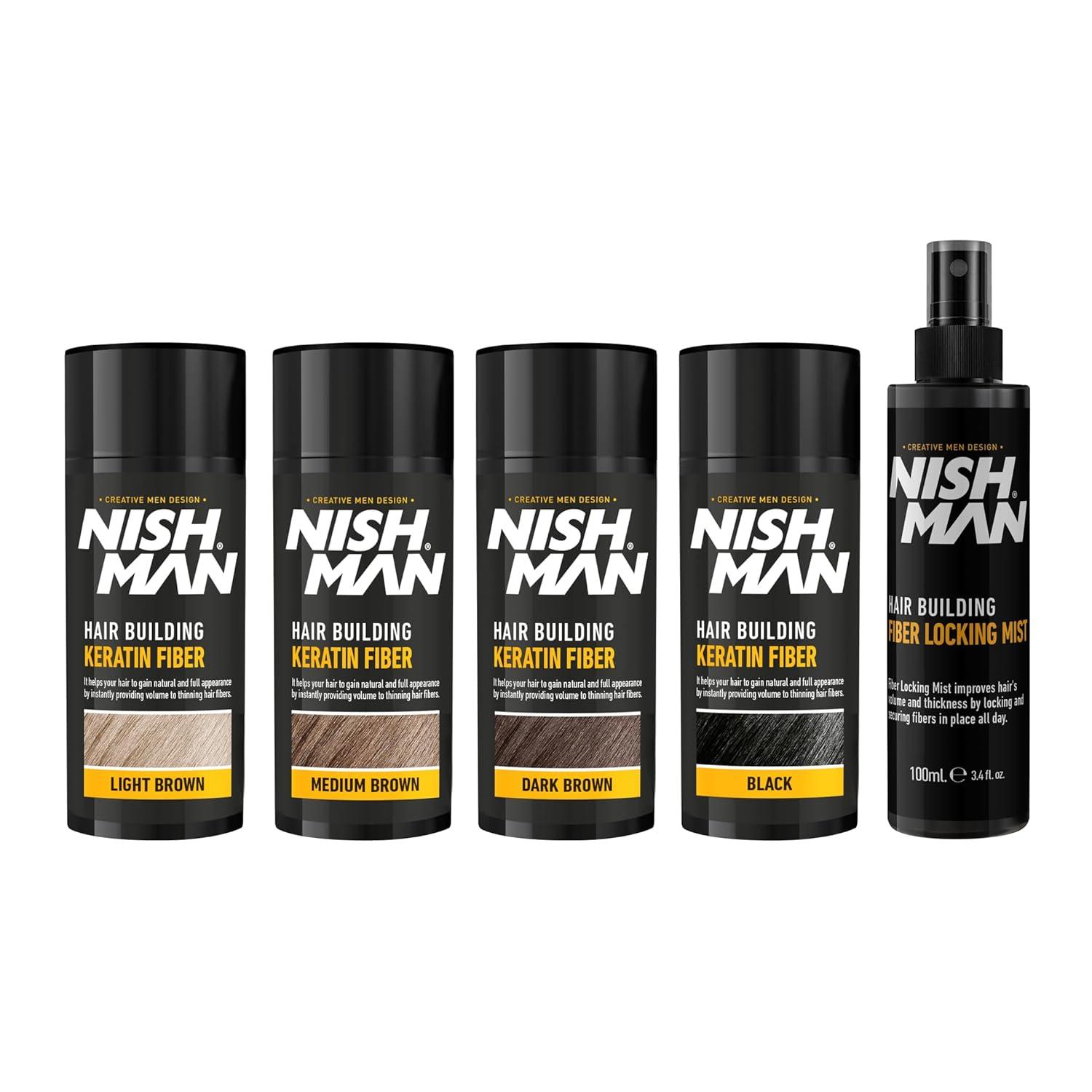 Full range of Nishman Hair Building Keratin Fibers in light brown, medium brown, dark brown, black, and fiber locking mist spray.