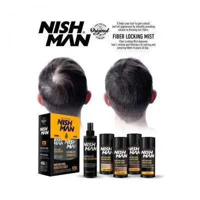 Before and after results using Nishman Hair Building Keratin Fiber Kit showing improved hair coverage and volume on thinning scalp.