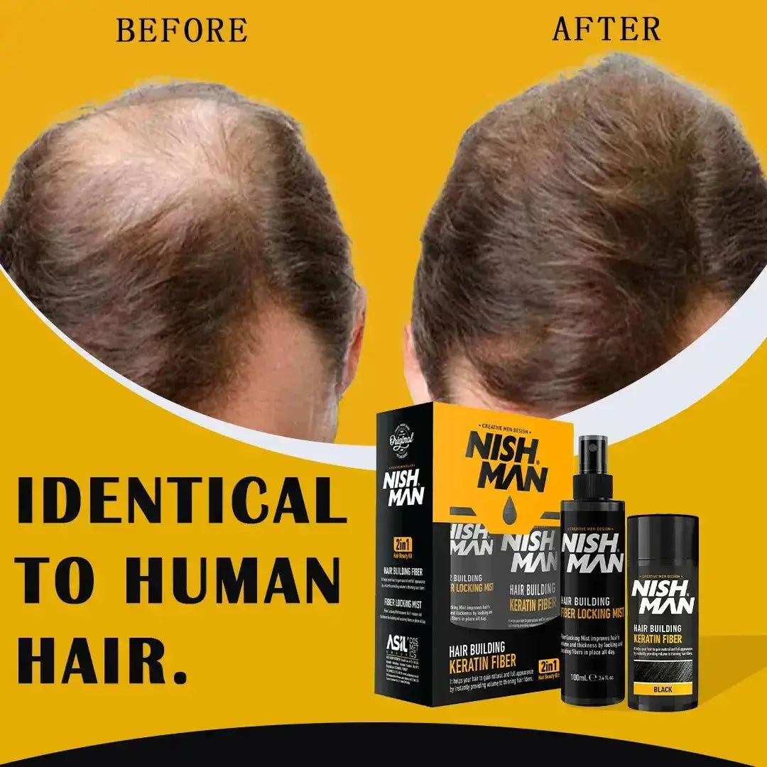 Nishman Hair Fiber Kit before and after comparison showing realistic human hair effect with keratin fiber and locking mist.