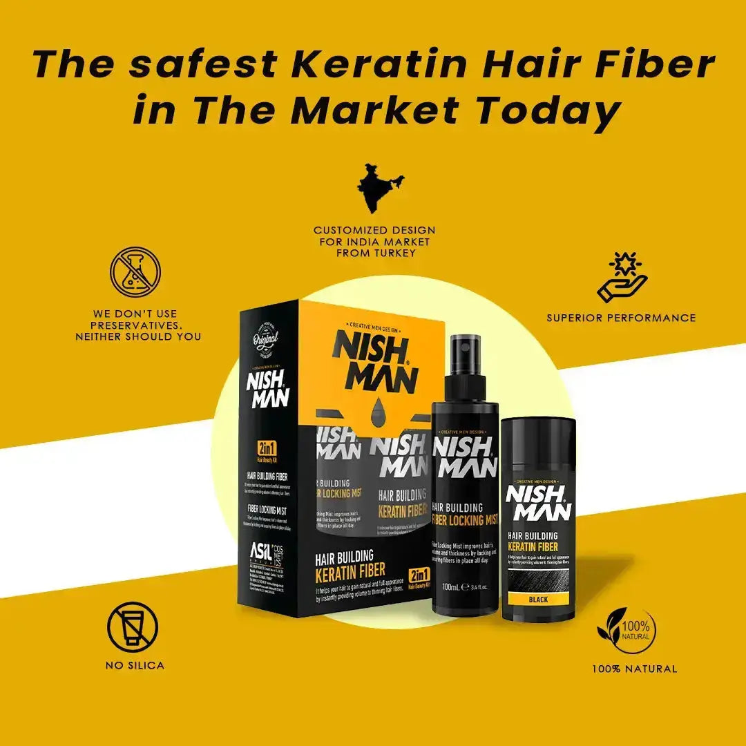 Nishman Hair Fiber Kit labeled as safest keratin hair fiber with 100% natural ingredients, no silica, and superior performance.