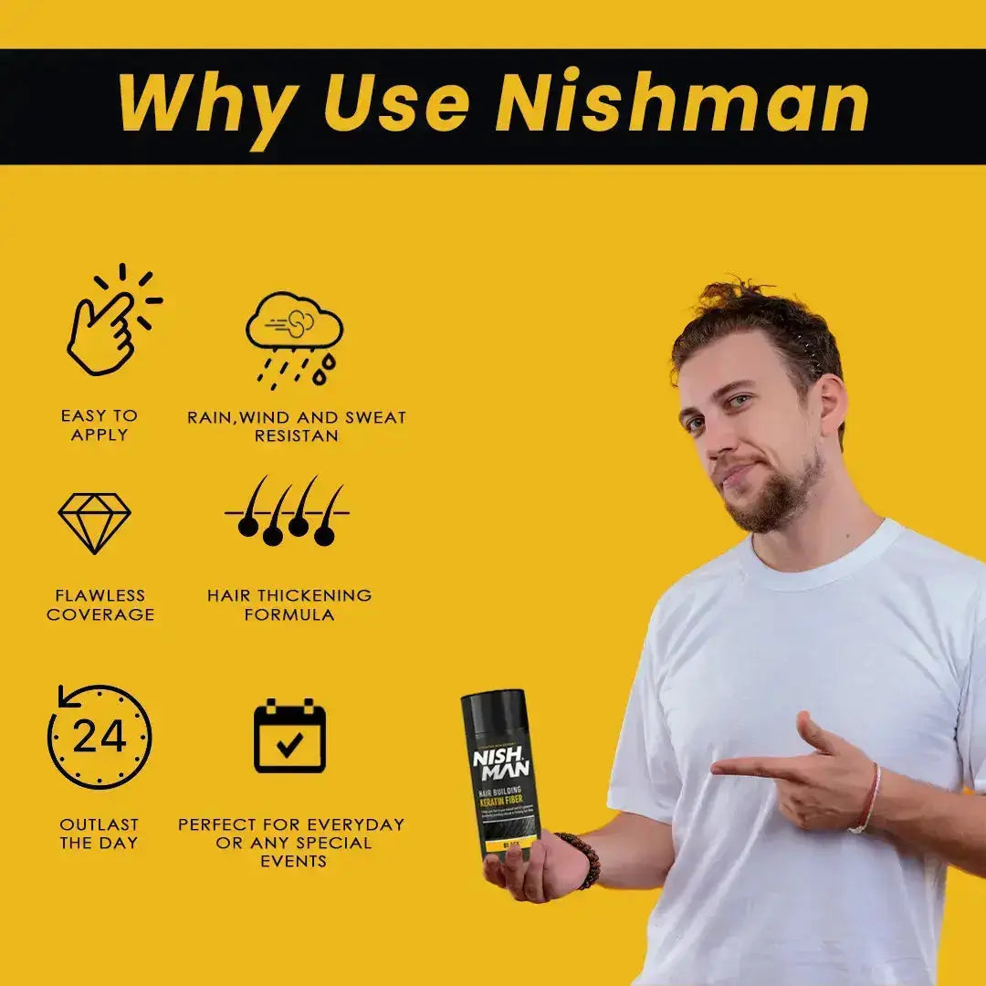 Man holding Nishman Hair Building Fiber with icons highlighting benefits like easy application, water resistance, and all-day hold.