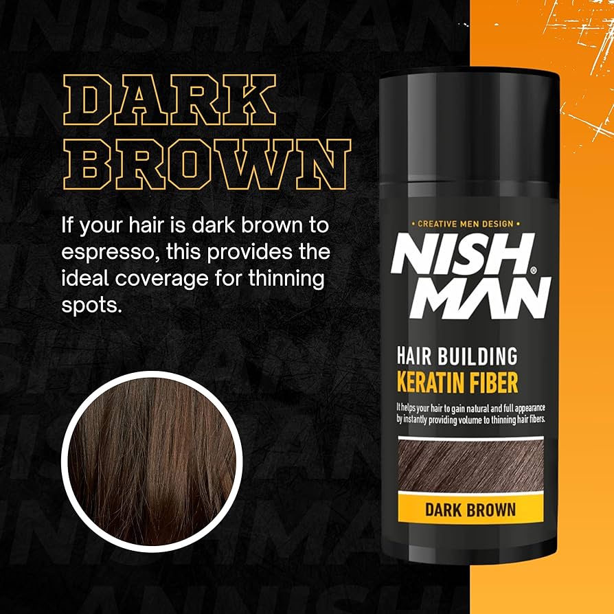 Nishman Hair Building Keratin Fiber in dark brown shade, ideal for dark brown to espresso hair, conceals thinning spots naturally.