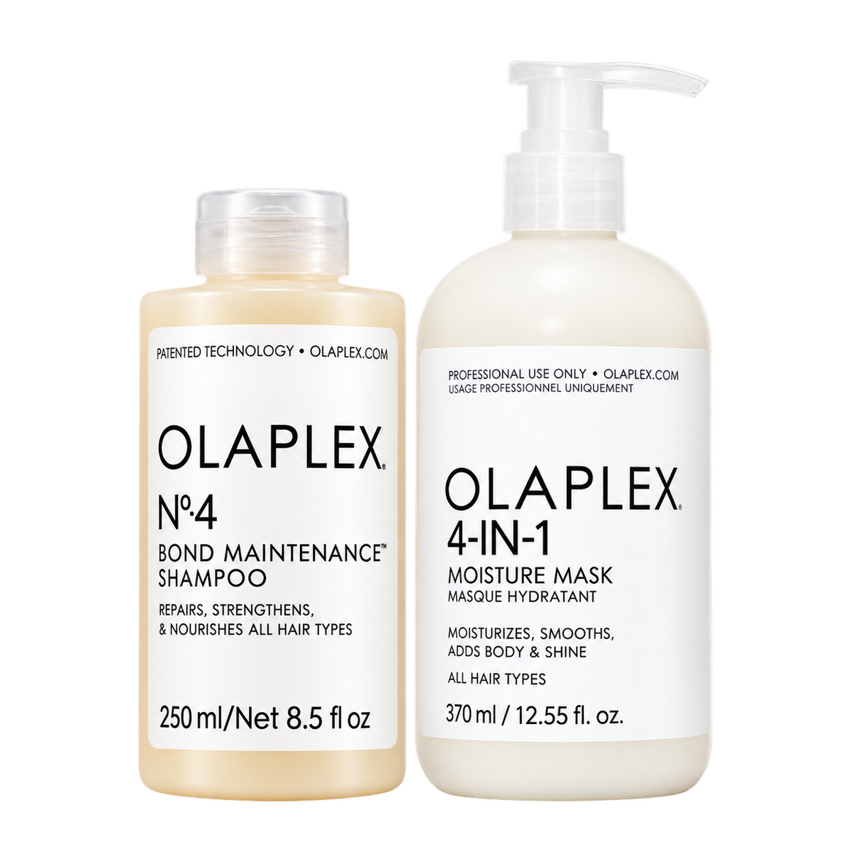 Olaplex Bond Maintenance Shampoo in a beige bottle with clear cap, designed for repairing and nourishing all hair types