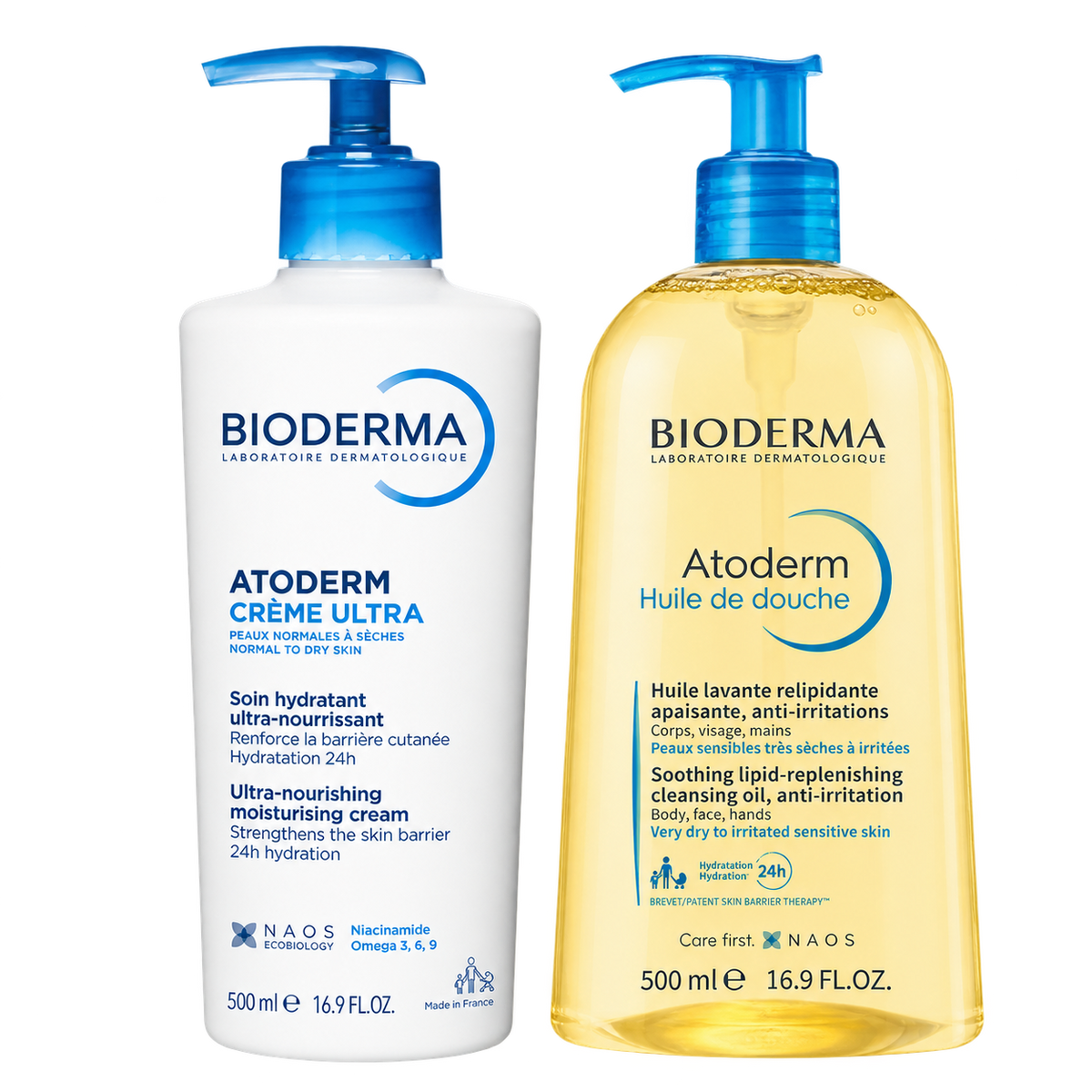 Bioderma Atoderm Ultra Nourishing Moisturising Cream in a white pump bottle with blue cap, designed for normal to dry skin, 500ml