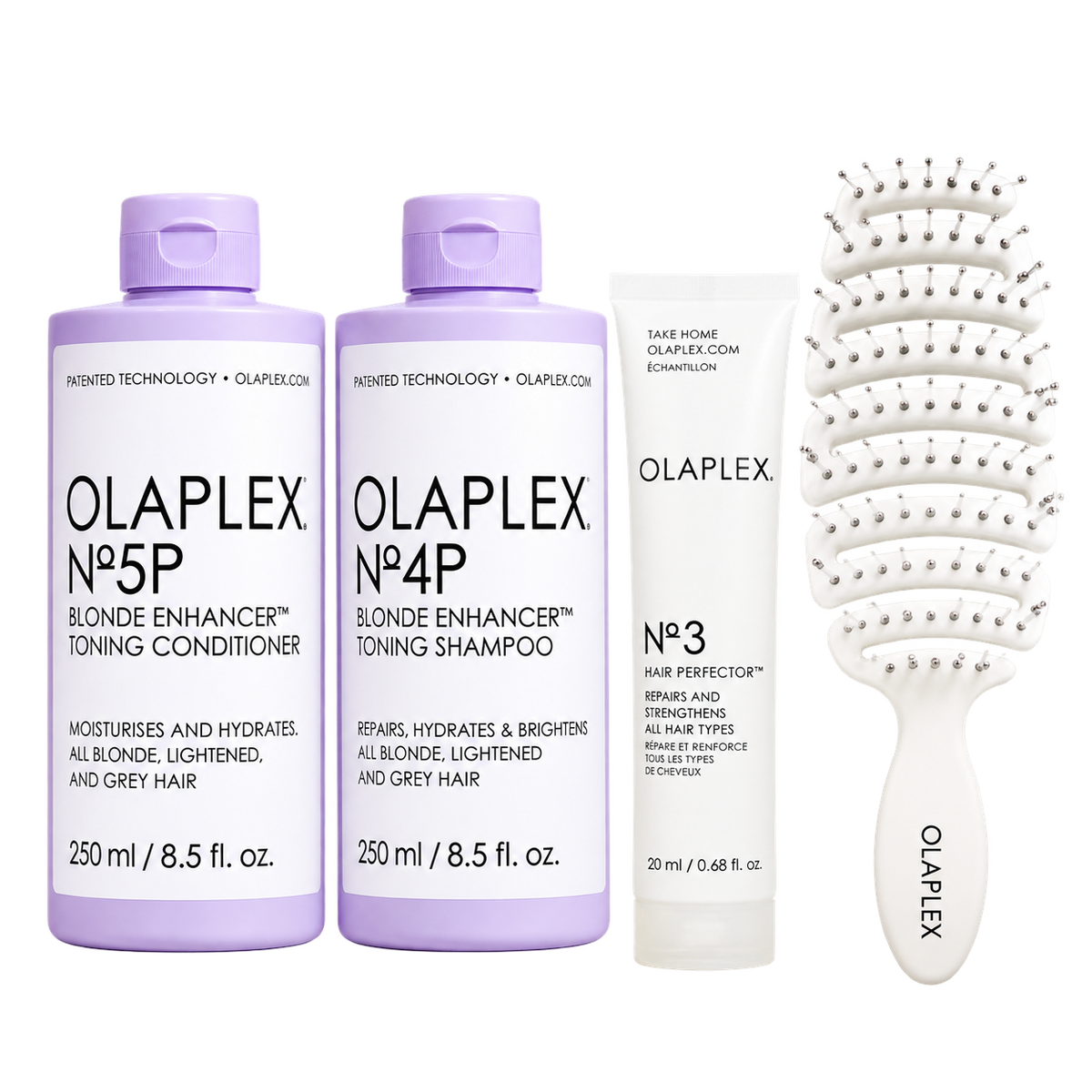Lilac bottles of Olaplex Blonde Enhancer Toning Shampoo and Conditioner with white labels, black text, and purple caps, 250ml each