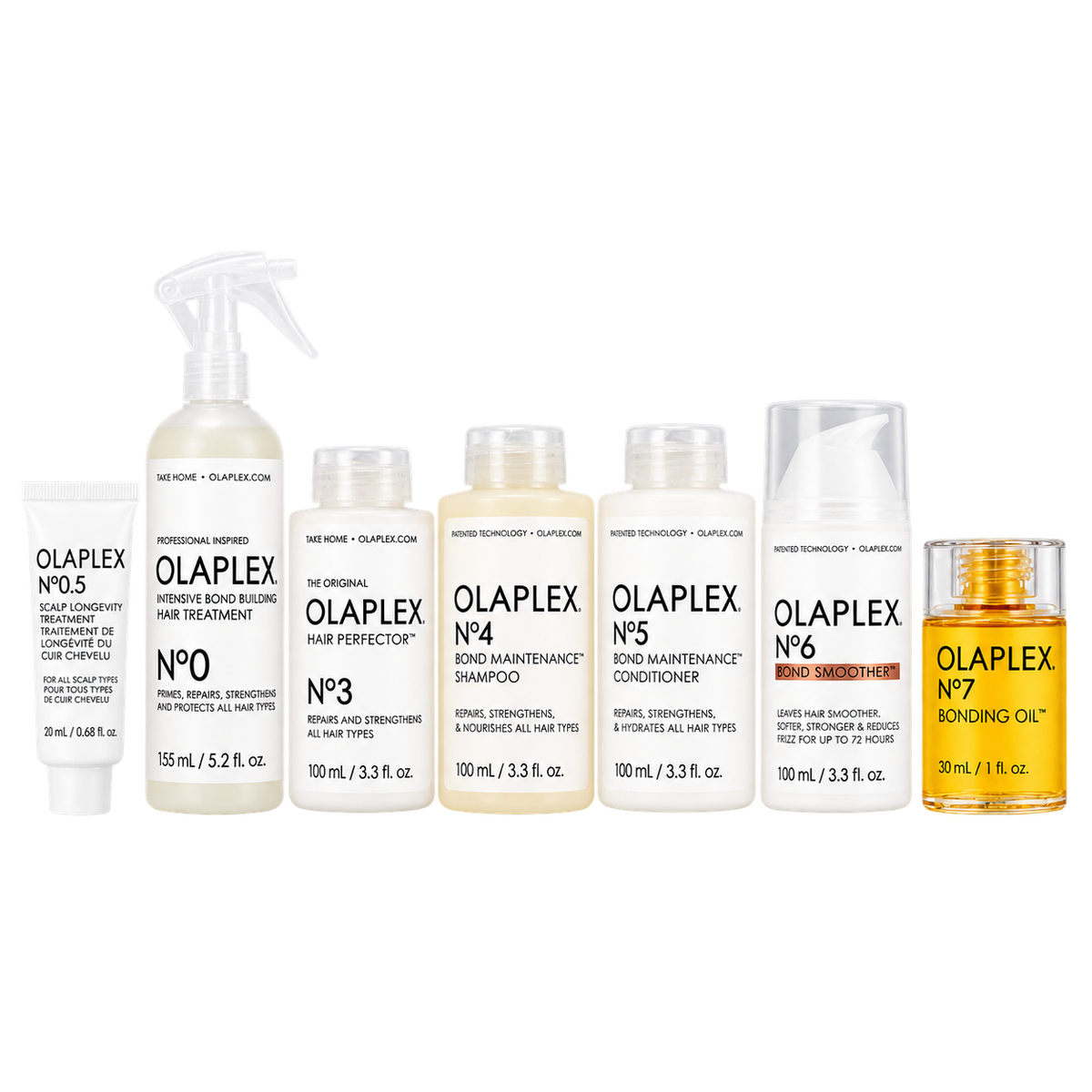 Set of Olaplex hair repair and treatment products including bond builder, shampoo, conditioner, smoothing treatment, and bonding oil in white bottles with black text
