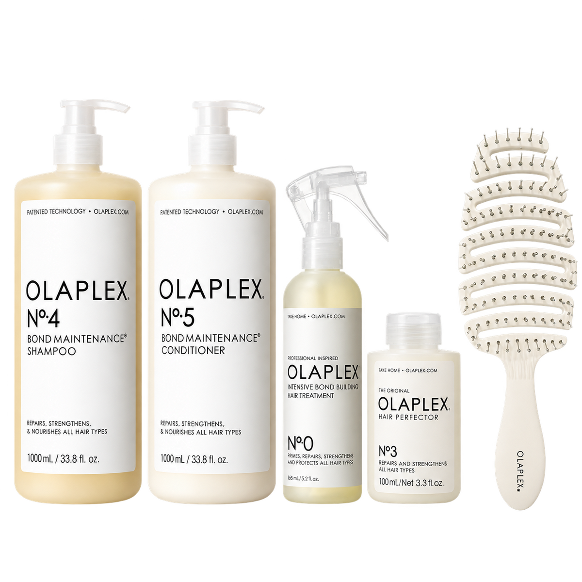 Olaplex repairing hair kit with bond maintenance shampoo and conditioner bottles, hair treatment spray, hair perfector, and scalp brush, all in white packaging