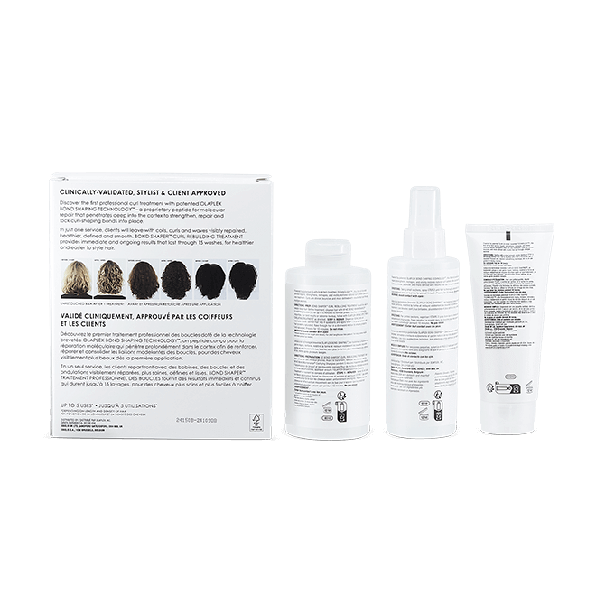 Back view of Olaplex Bond Shaper Curl Rebuilding Treatment Kit packaging and bottles, showcasing product details and benefits for curly hair.