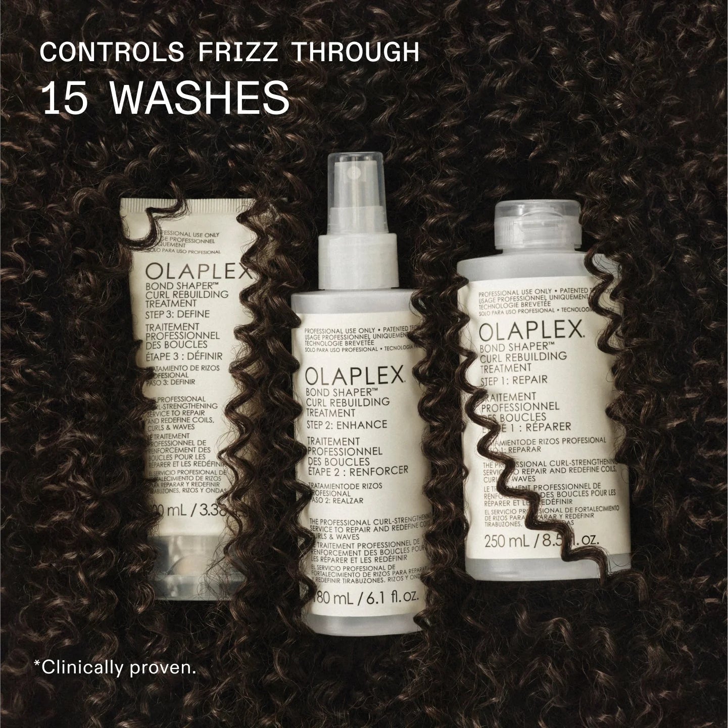 Olaplex Bond Shaper Curl Treatment set against curly hair background, highlighting its ability to control frizz for up to 15 washes with proven results.