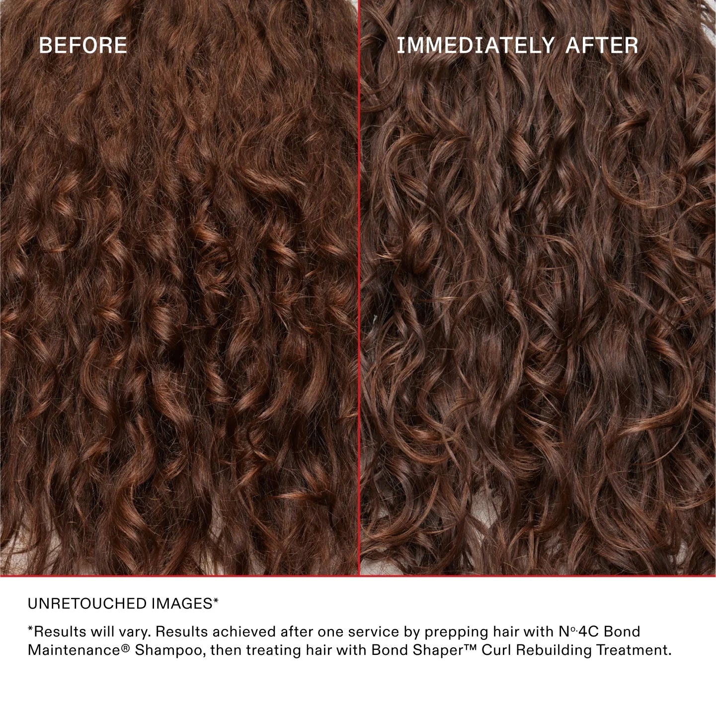 Before and after comparison of curly hair treated with Olaplex Bond Shaper Curl Rebuilding Treatment, showing improved definition, shine, and reduced frizz.