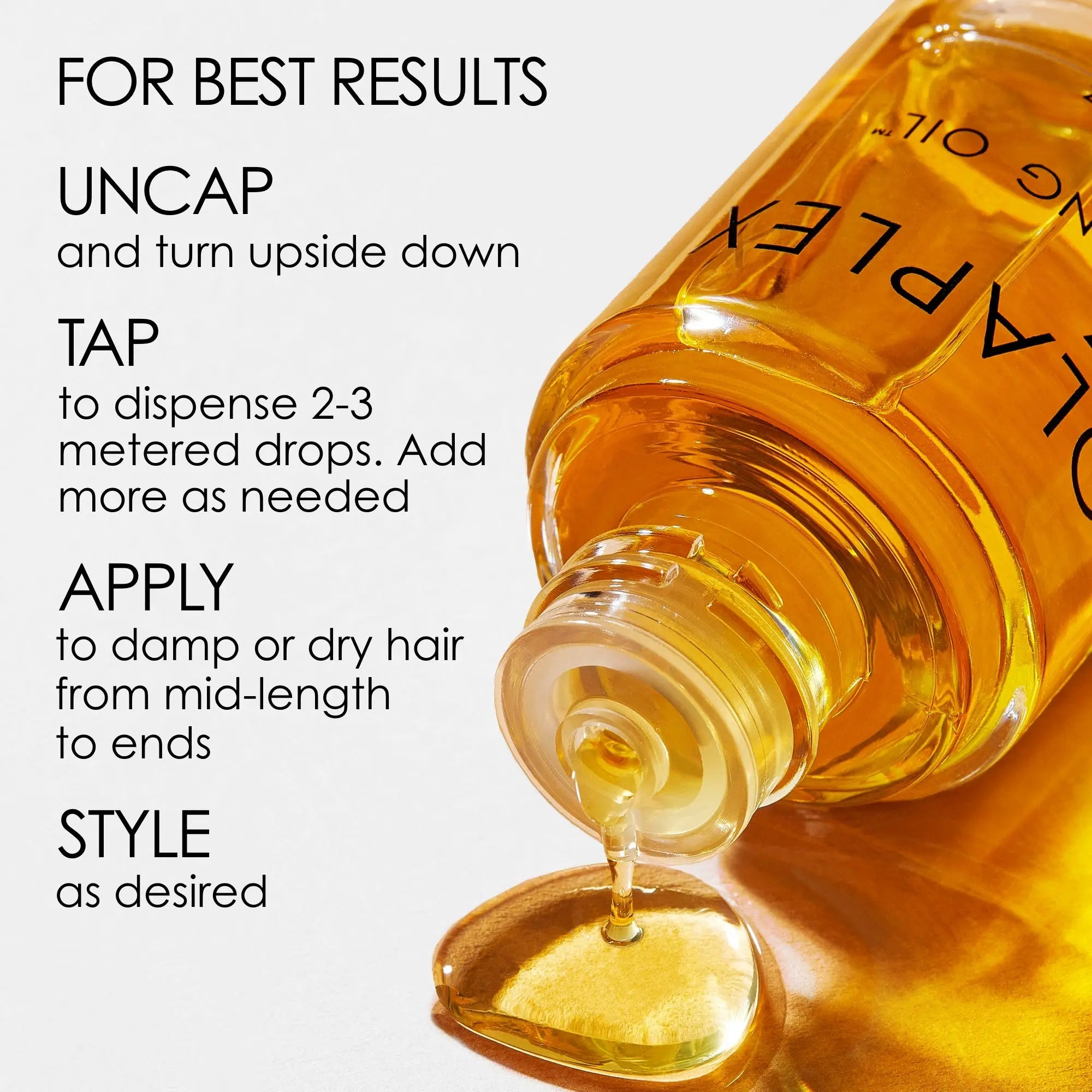 Instructions for using Olaplex Bonding Oil No.7 showing how to dispense and apply the oil to damp or dry hair for styling and repair.