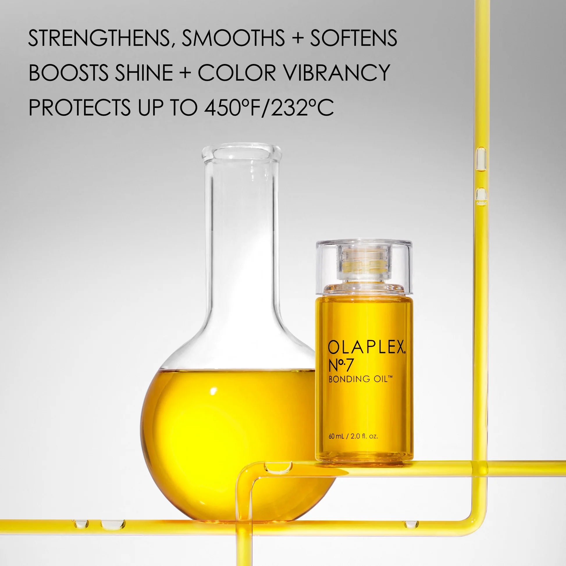 Olaplex Bonding Oil No.7 displayed with lab glassware, highlighting benefits like shine, softness, heat protection, and color vibrancy.