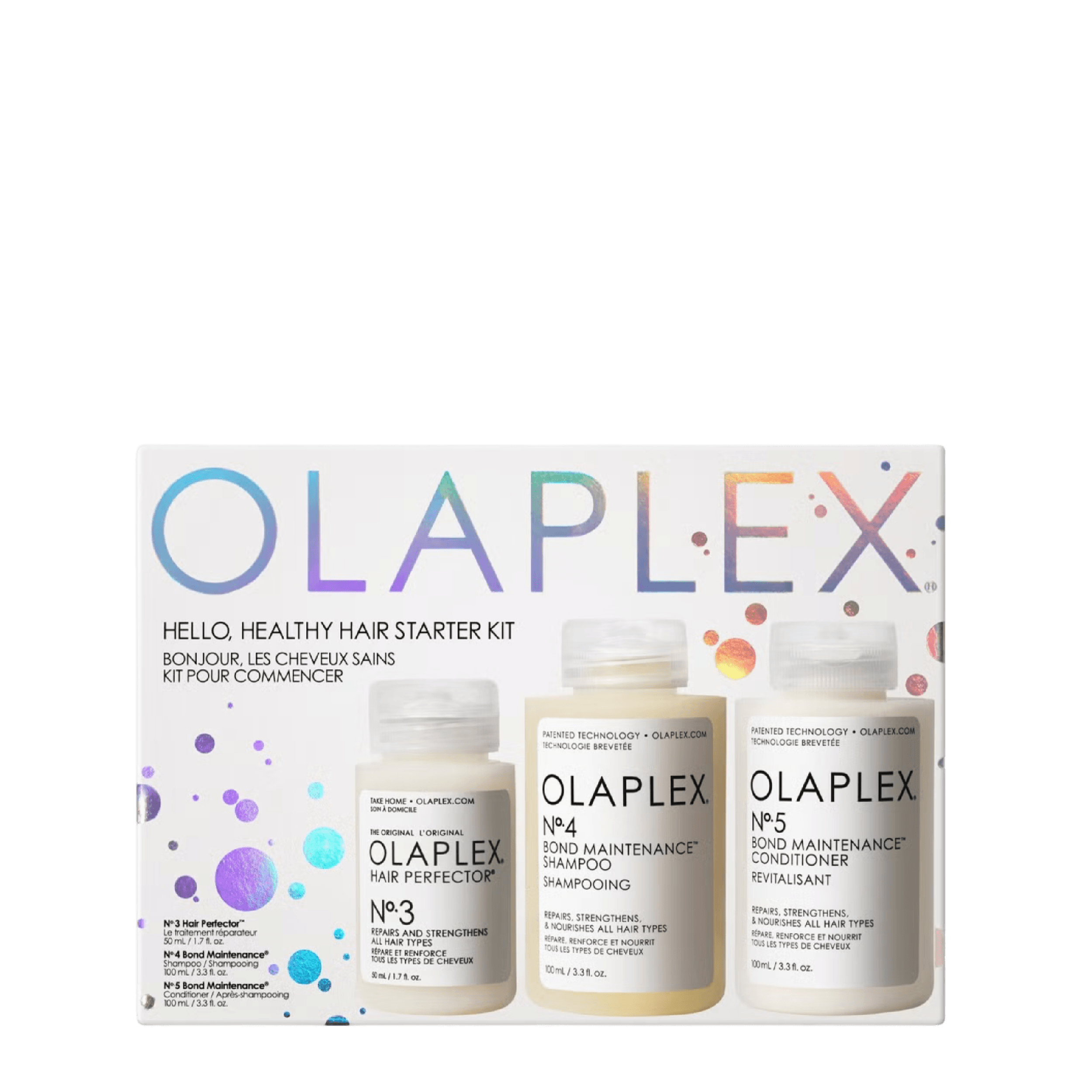Olaplex Hello, Healthy Hair Starter Kit featuring No.3 Hair Perfector, No.4 Bond Maintenance Shampoo, and No.5 Bond Maintenance Conditioner. Ideal for repairing damaged, colored, and over-processed hair.
