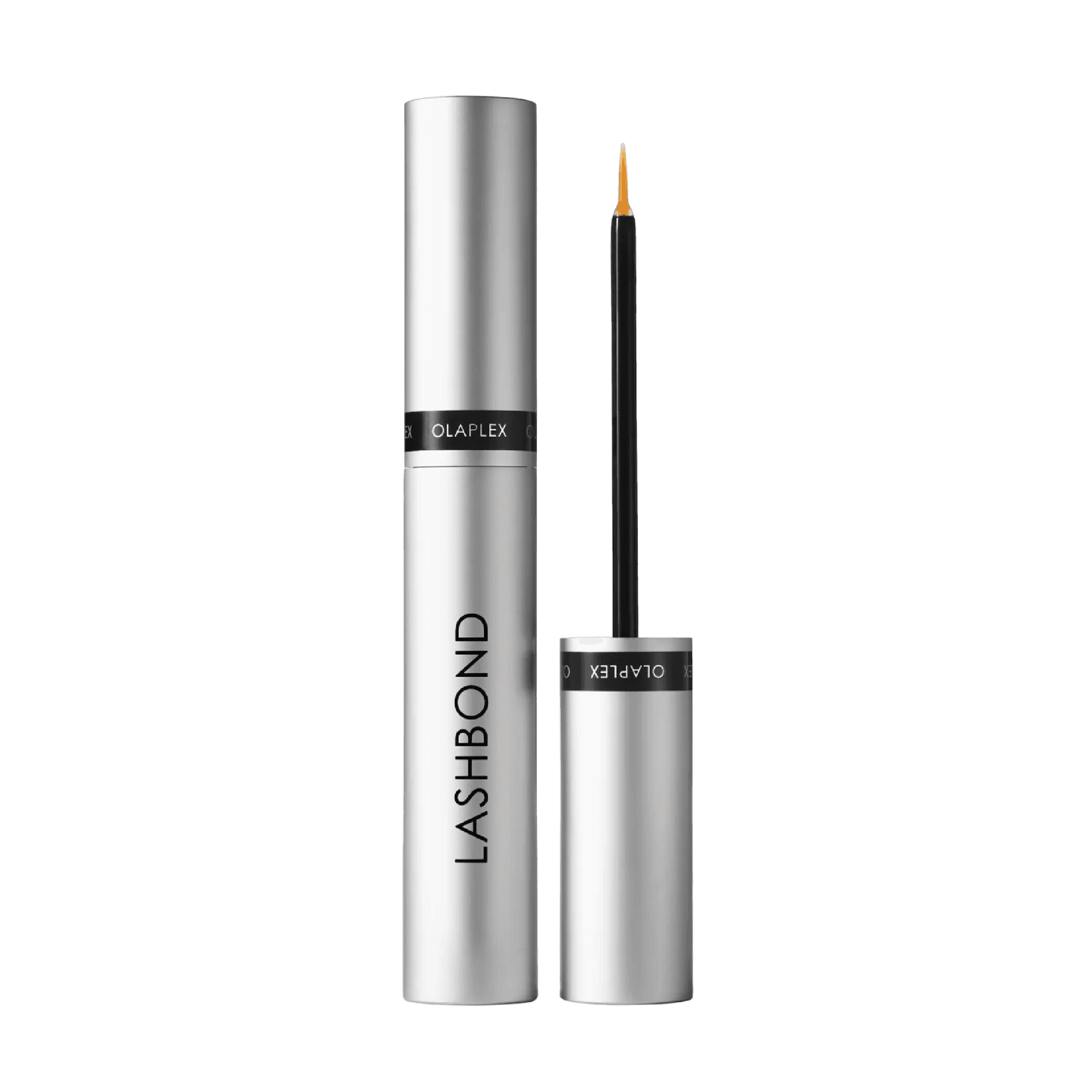 Olaplex Lashbond Building Serum Eyelash Enhancer 4.5 ml in a sleek silver tube with a precision applicator. Strengthens and nourishes lashes for a fuller look.