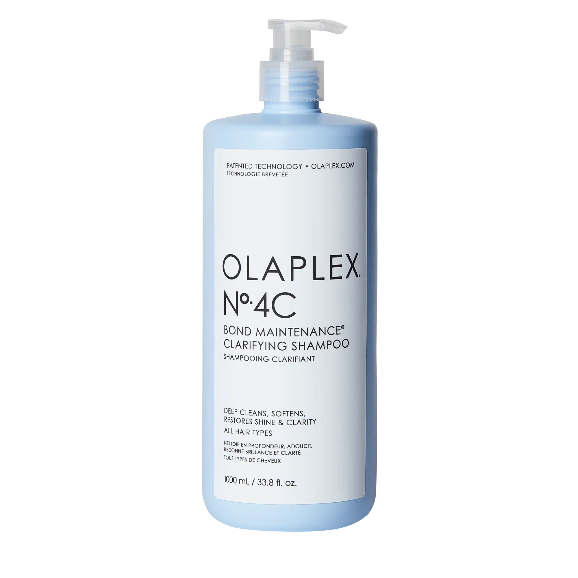 Olaplex No.4C Shampoo 1000 ml with pump dispenser, clarifying formula for all hair types, ideal for removing buildup while maintaining hydration.