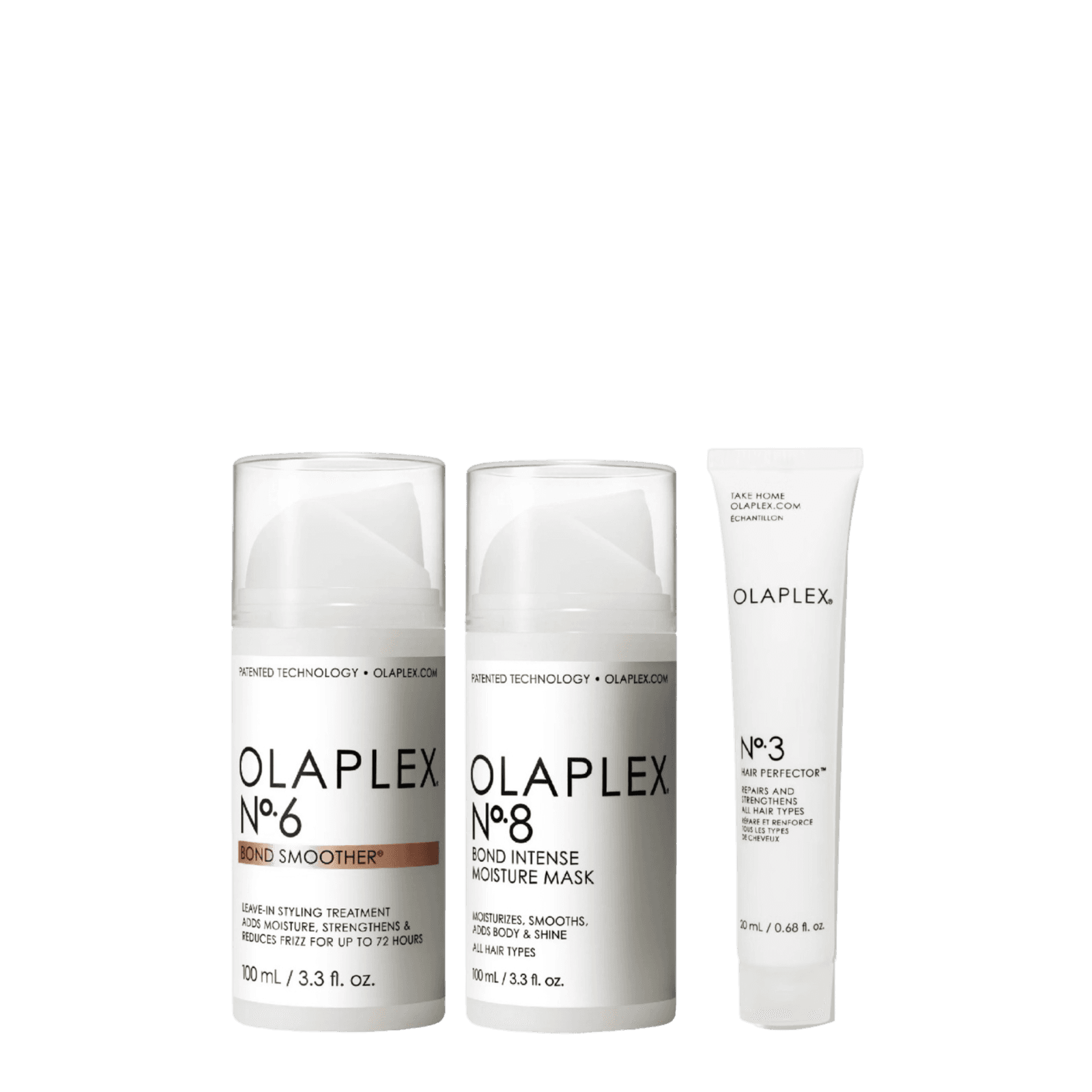 Olaplex Deep Repair Hair Kit featuring No.6 Bond Smoother, No.8 Bond Intense Moisture Mask, and No.3 Hair Perfector for deep hair repair and hydration.