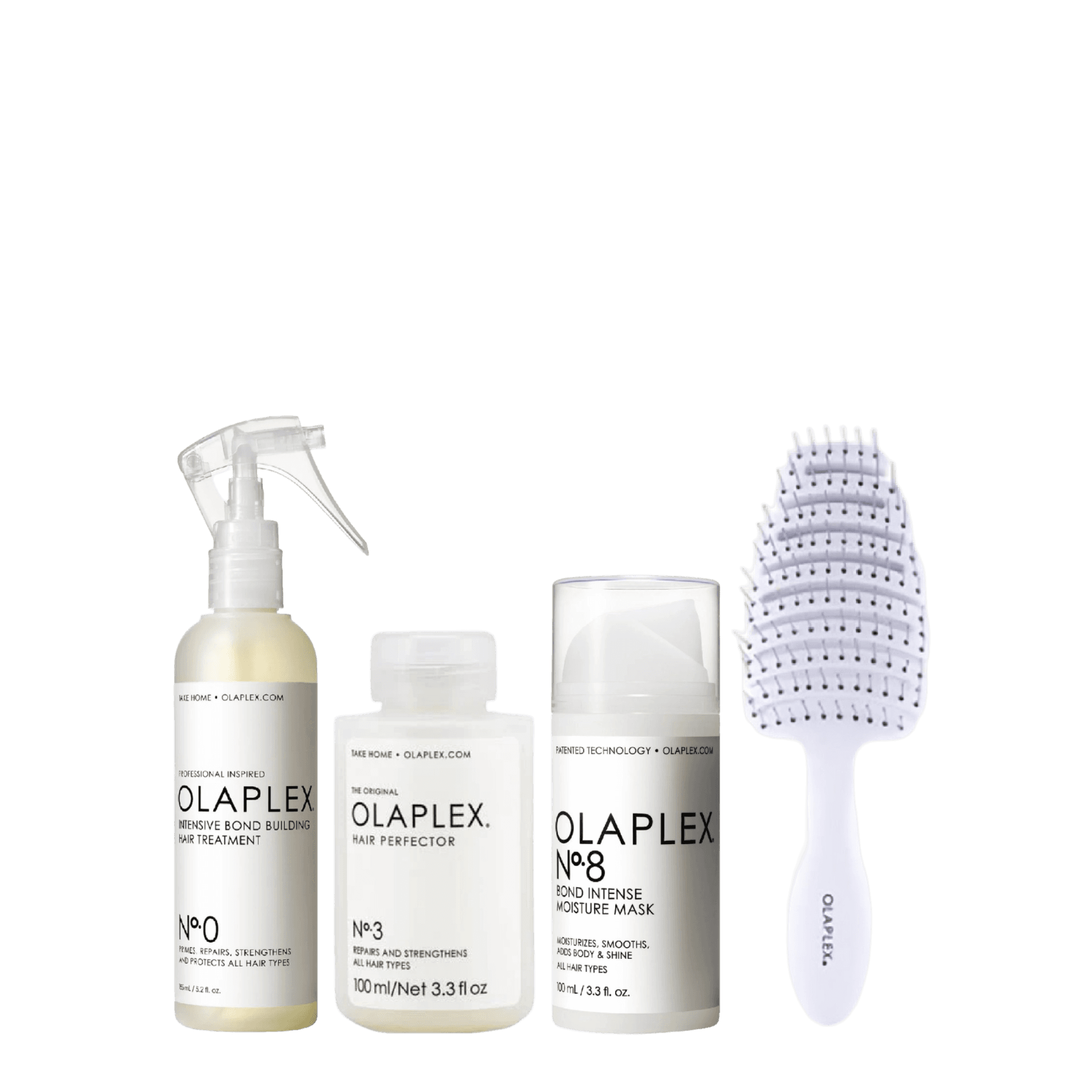 Olaplex Total Repair Hair Kit featuring No.0 Bond Building Treatment, No.3 Hair Perfector, No.8 Intense Moisture Mask, and a detangling brush for damaged hair care.