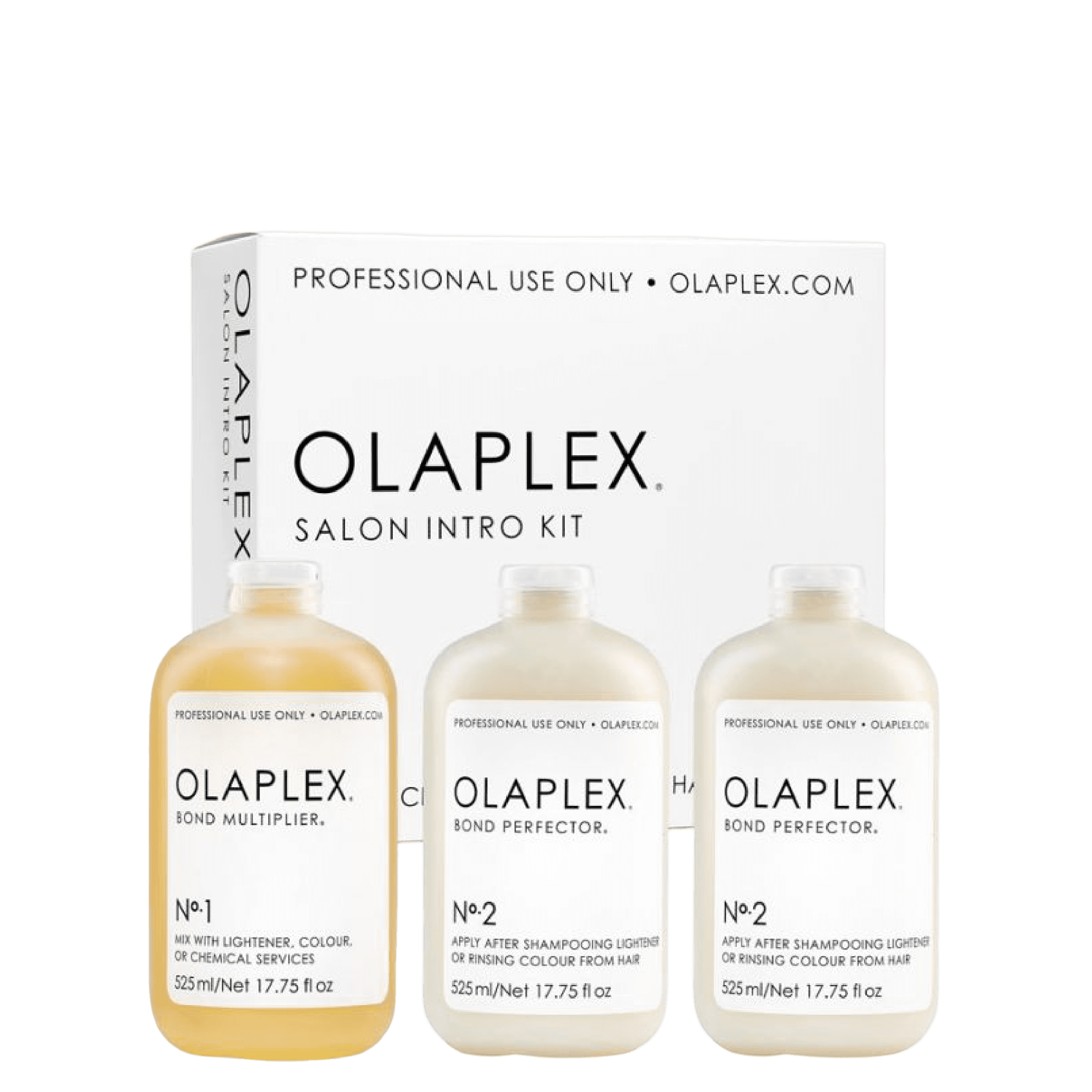 Olaplex Salon Intro Kit featuring No.1 Bond Multiplier and No.2 Bond Perfector for professional hair treatment. Ideal for repairing damaged and colored hair.