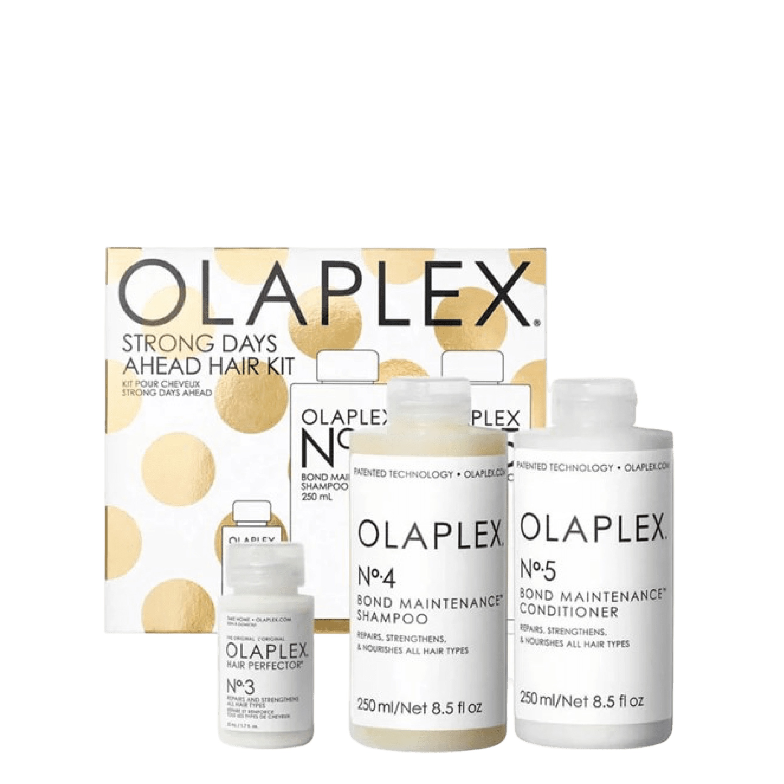 Olaplex Strong Days Ahead Hair Kit featuring No.4 Bond Maintenance Shampoo, No.5 Bond Maintenance Conditioner, and No.3 Hair Perfector. Ideal for repairing and strengthening all hair types.