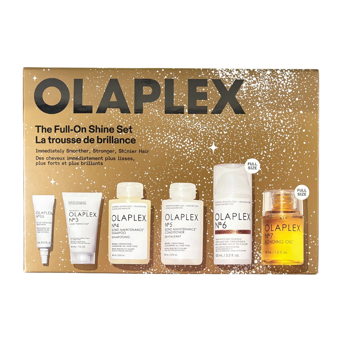 Olaplex Shine Set packaging featuring six full-size hair care products for a complete healthy hair routine targeting shine and frizz control.
