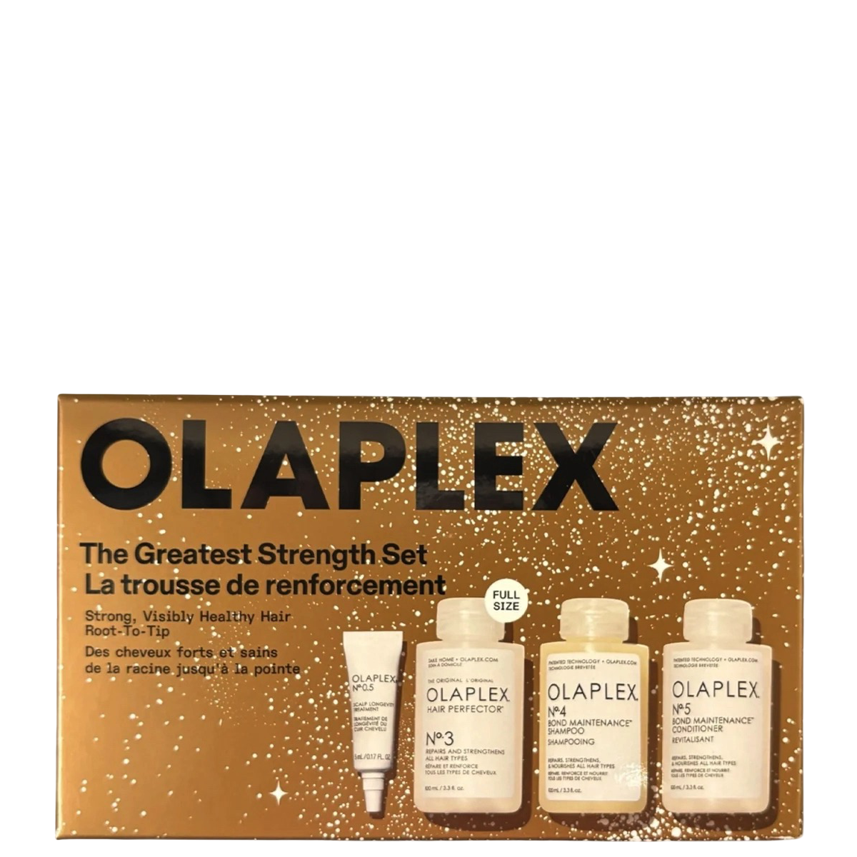 Olaplex The Greatest Strength Set packaging featuring full-size No.3, No.4, No.5, and No.0.5 treatments for damaged, colored, and dry hair types.