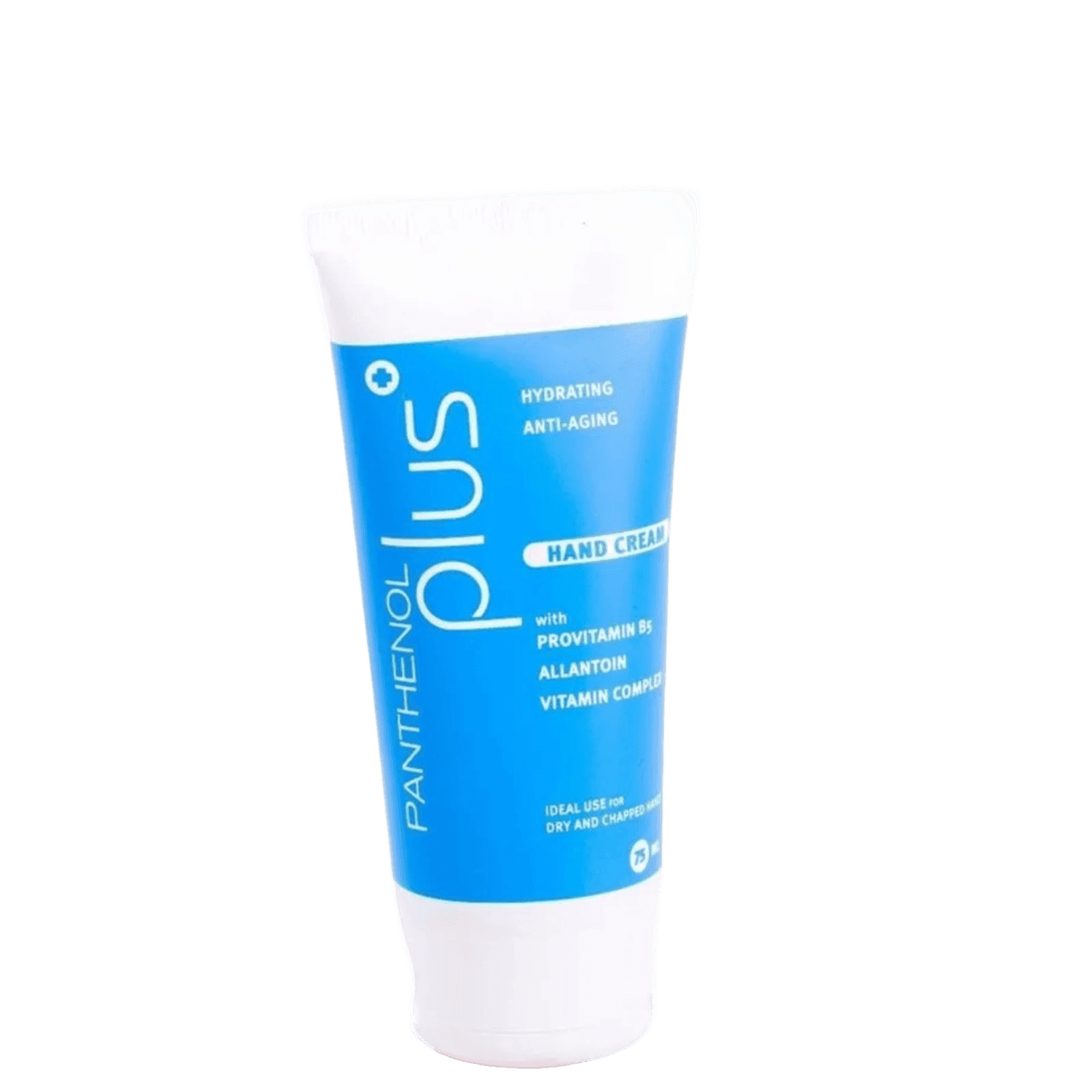 Blue and white tube of Panthenol hand cream for dry skin, featuring hydrating and anti-aging benefits, with vitamin complex, SKU: 12345