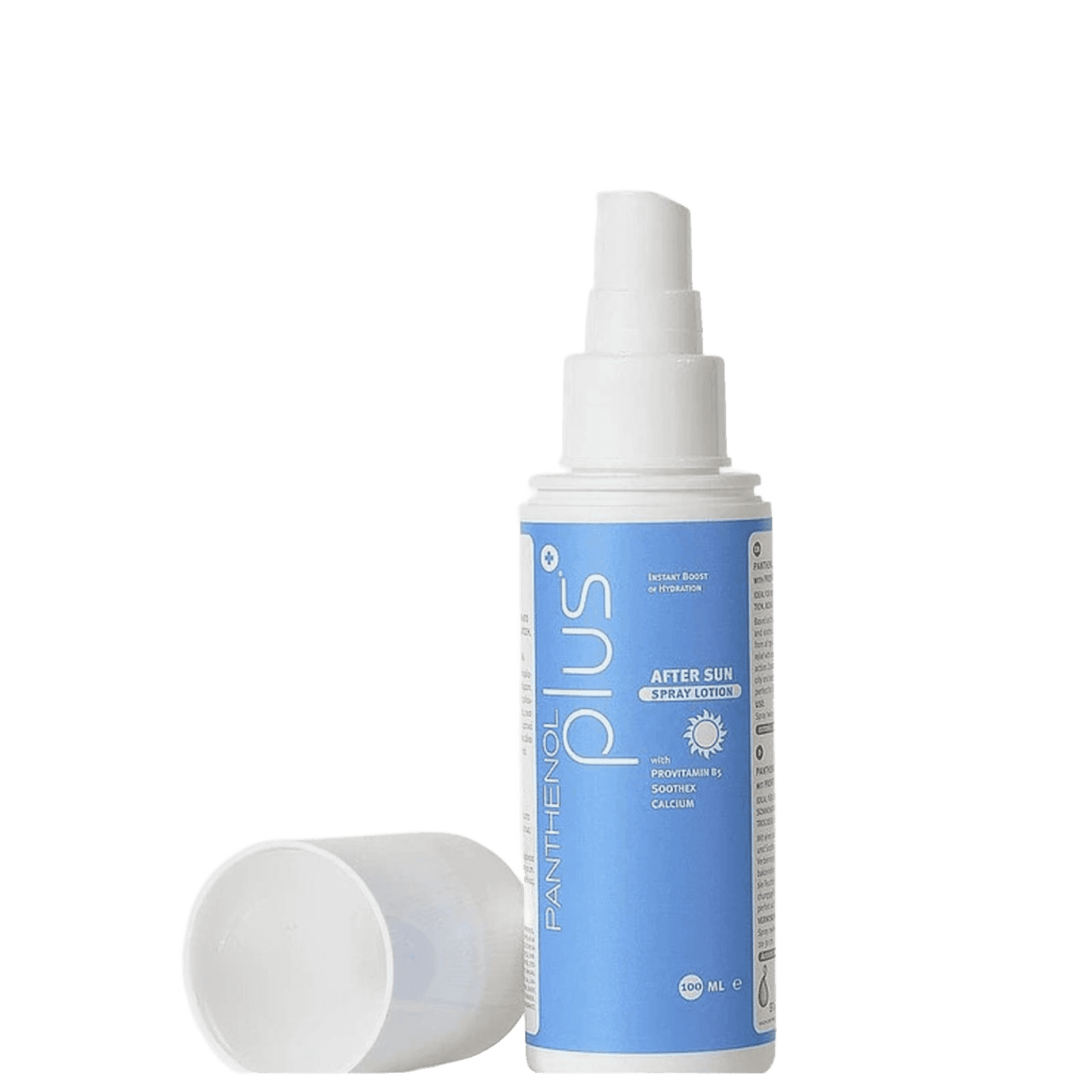 White spray bottle of Panthenol Plus After Sun Spray for skin relief with blue label, white cap removed, showing spray nozzle, on gray background