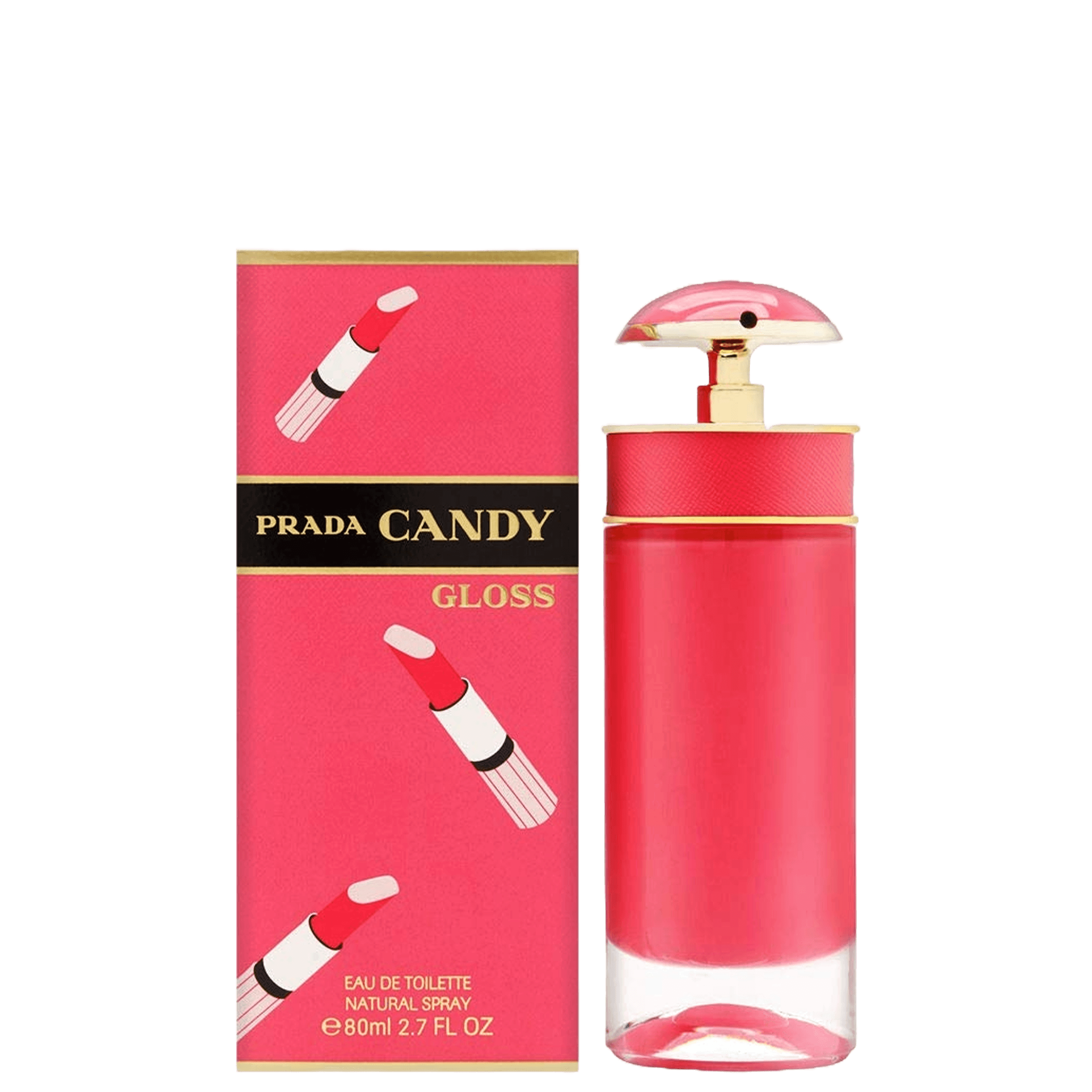 Prada Candy Gloss perfume for women 80ml Eau de Toilette with cherry-pink bottle and lipstick-themed packaging, ideal for playful elegance.