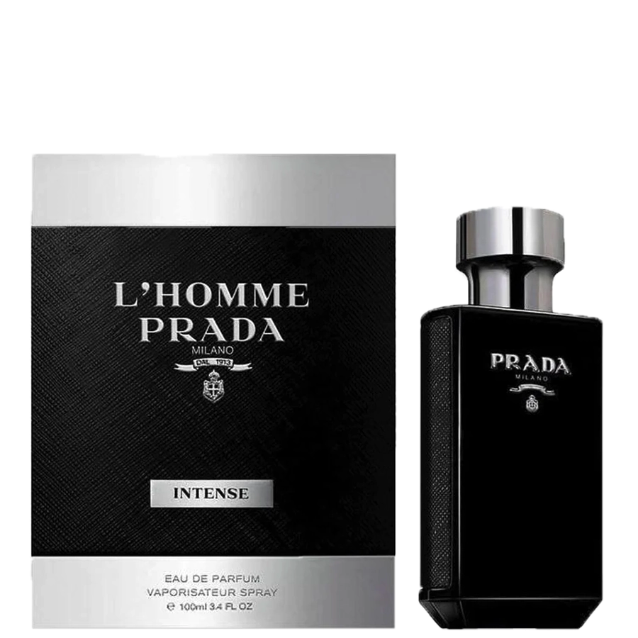 Prada L'Homme Intense Eau De Parfum 100 ml with retail box, a premium men's fragrance in the oriental woody category for sophisticated appeal.