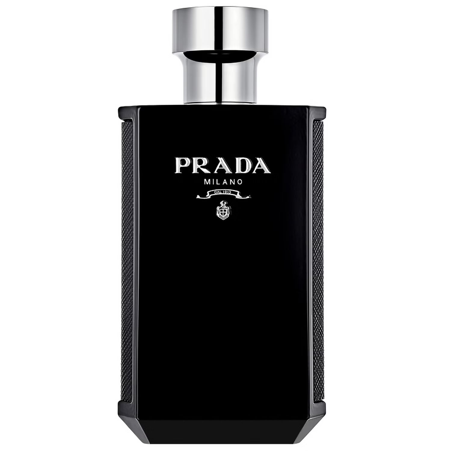 Prada L'Homme Intense EDP 100 ml bottle for men featuring sleek black design with silver cap, ideal for oriental woody fragrance lovers.