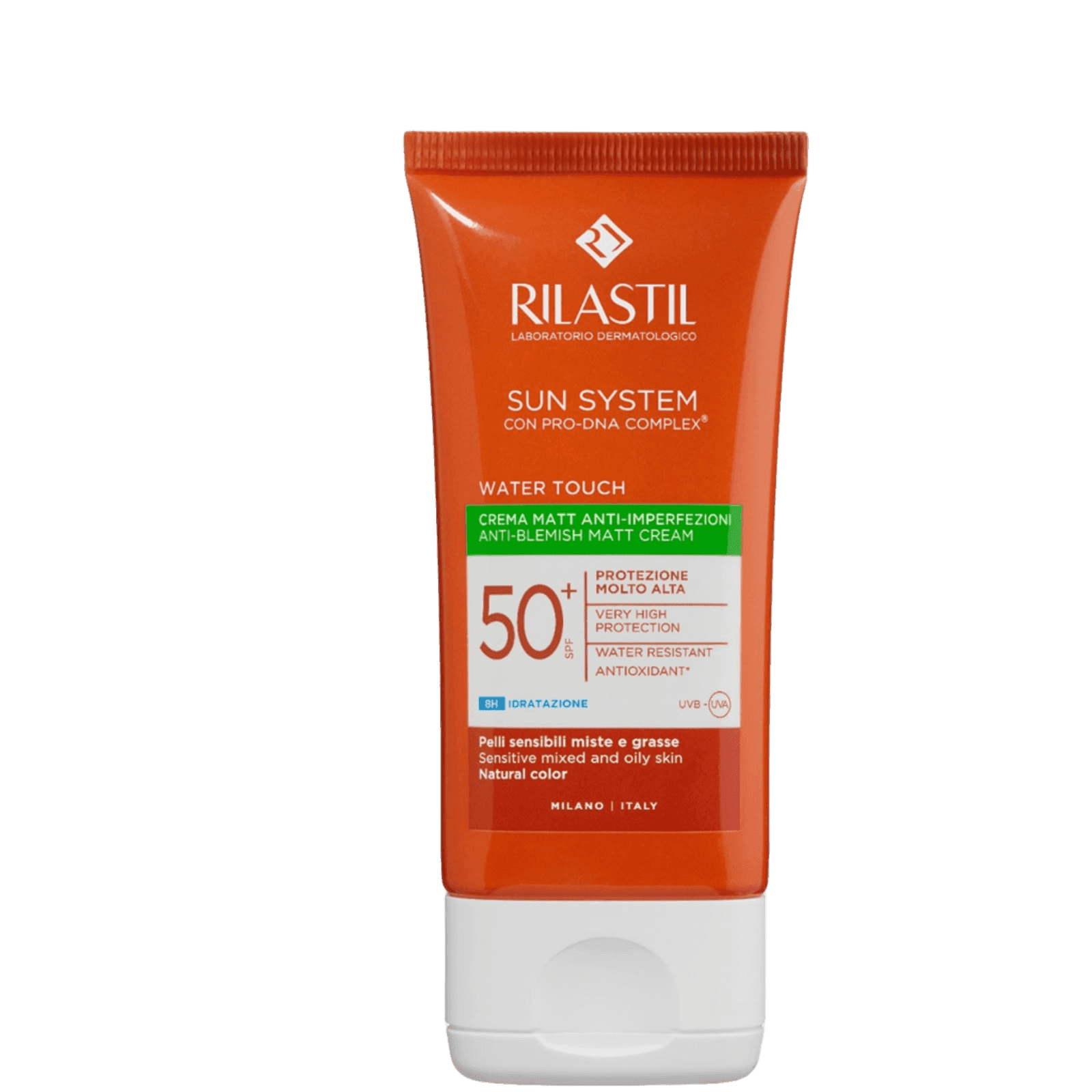 Rilastil SPF 50 Sunscreen for Oily Skin in orange tube with white cap, featuring green and white label with sun protection details, suitable for sensitive, mixed, and oily skin