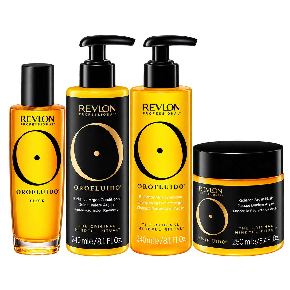 Revlon Orofluido Argan Hair Care 4-piece set with shampoo, conditioner, mask, and elixir in yellow and black bottles for nourishing hair