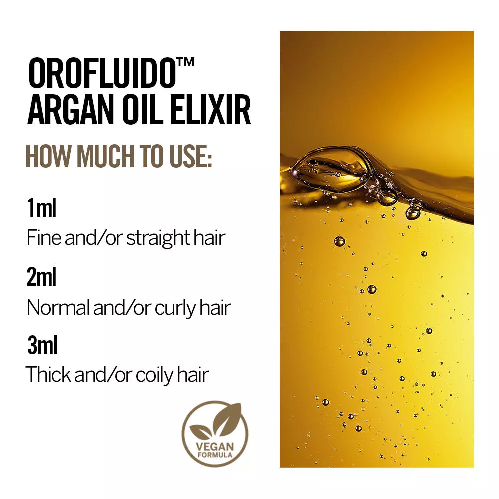 Usage instructions for Orofluido Argan Oil Elixir