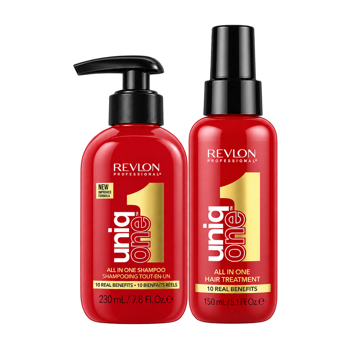 Revlon Uniq One All in One Treatment Kit featuring a red bottle of shampoo with pump dispenser and a spray bottle, both labeled for hair care, 230ml and 150ml