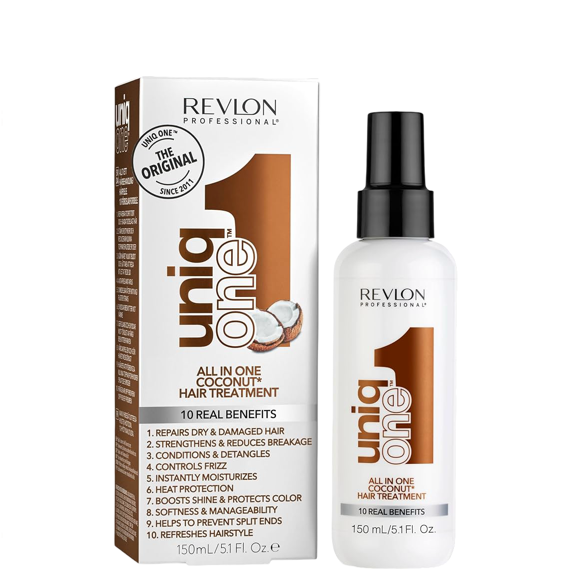 Revlon Uniq One Coco Leave-in 150 ml with box packaging, showcasing 10 real benefits for repairing and detangling dry, damaged hair.