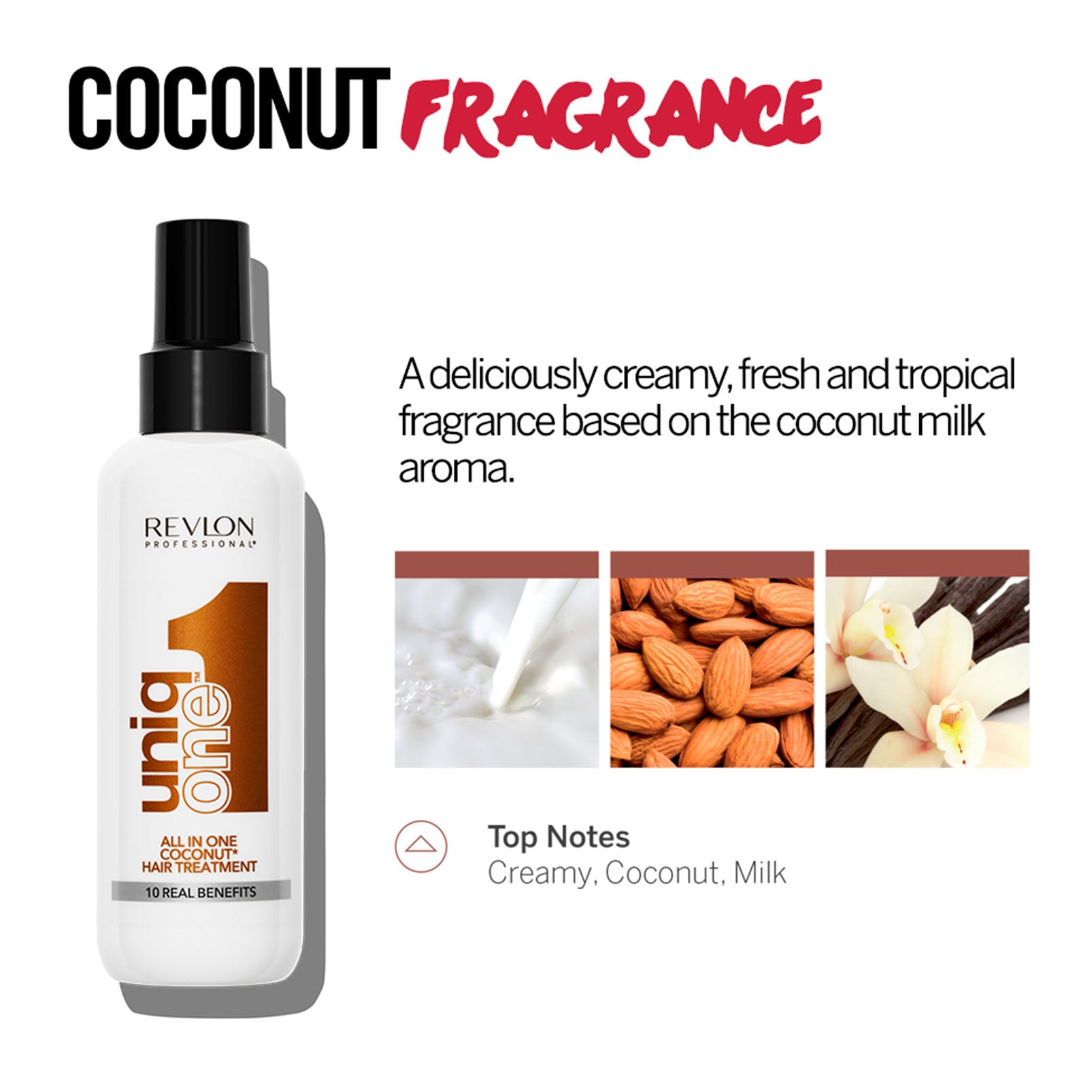 Revlon Uniq One Coco Leave-in with coconut, almond, and vanilla visuals, emphasizing its creamy tropical coconut milk fragrance.