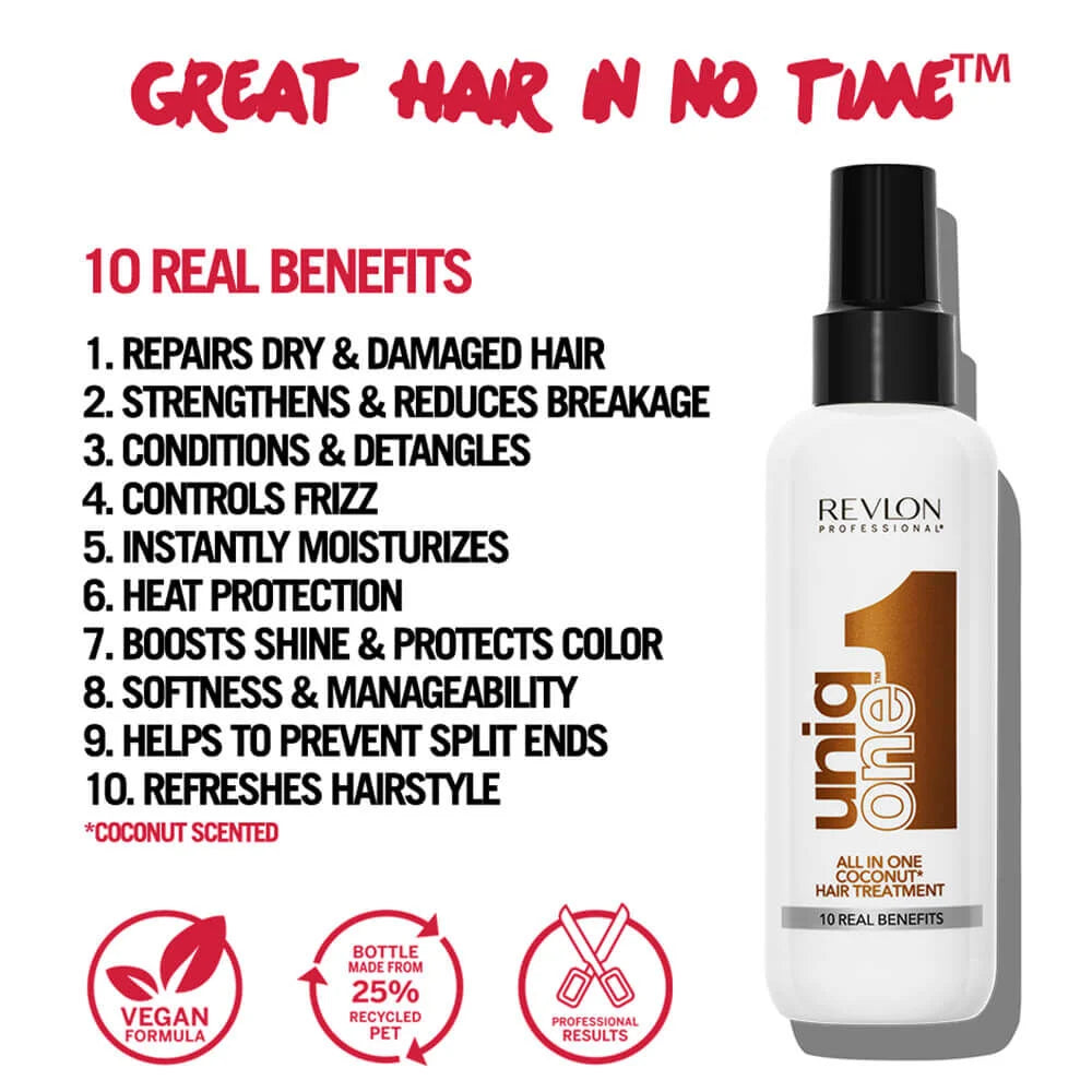 Revlon Uniq One leave-in treatment listing 10 real benefits like frizz control, heat protection, and split end repair with vegan formula.