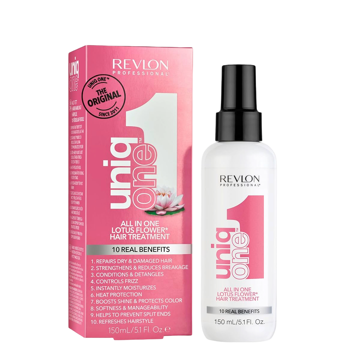Revlon Uniq One Lotus Leave-in 150 ml with box packaging, showcasing 10 benefits for repairing and detangling damaged hair.