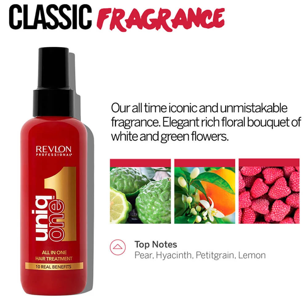 Revlon Uniq One Leave-in Treatment with classic fragrance notes of pear, hyacinth, petitgrain, and lemon, perfect for damaged and dry hair.