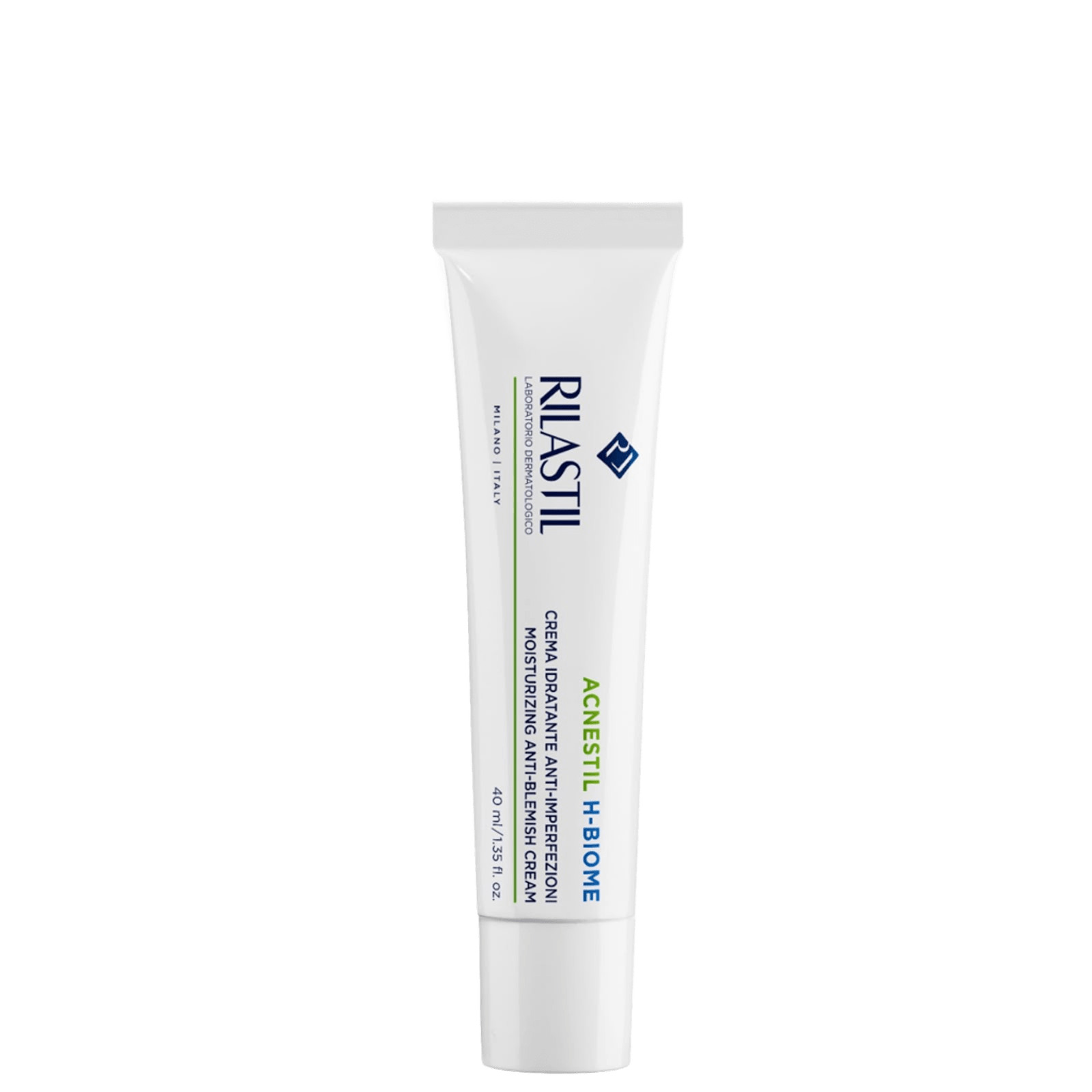 White tube of Rilastil Acnestil anti-blemish cream for sensitive skin with blue and green text, designed for face moisturization and anti-inflammatory care