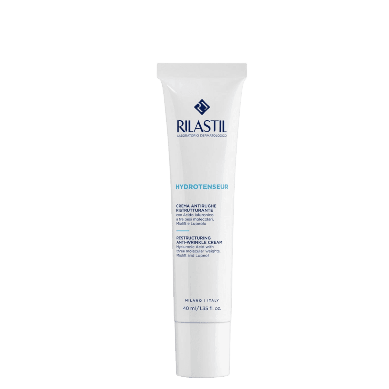 White tube of Rilastil Hydrotenseur anti-wrinkle cream with blue text, containing hyaluronic acid, designed for deep hydration and skin smoothing