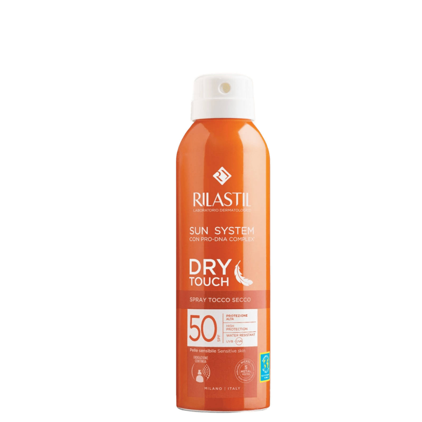 Rilastil Dry Touch SPF 50 sun protection spray in orange bottle with white cap, suitable for sensitive skin, water-resistant, easy to apply