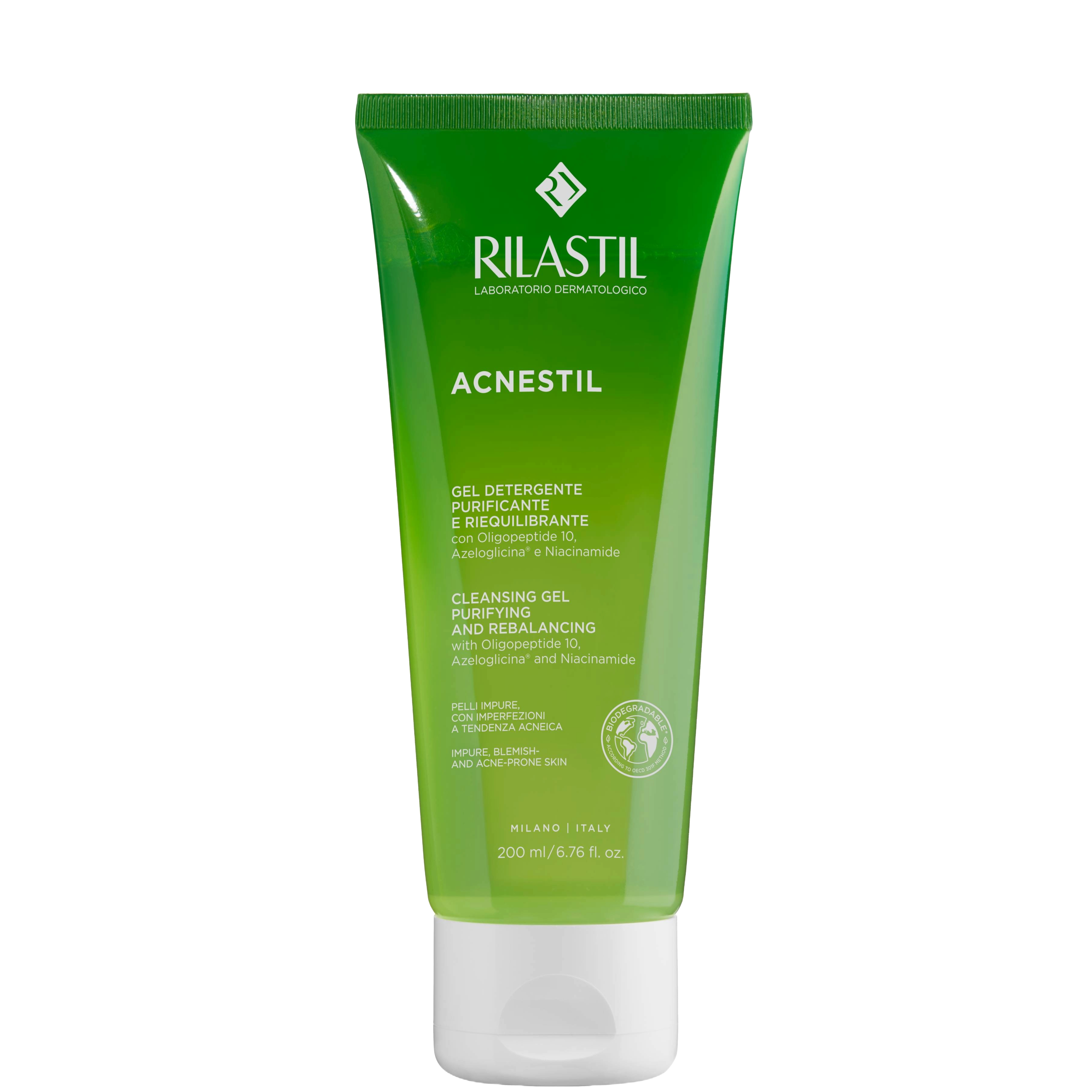 Rilastil Acnestil Cleansing Gel 200ml for acne-prone skin with salicylic acid and niacinamide, ideal for oily and blemish-prone skin types.