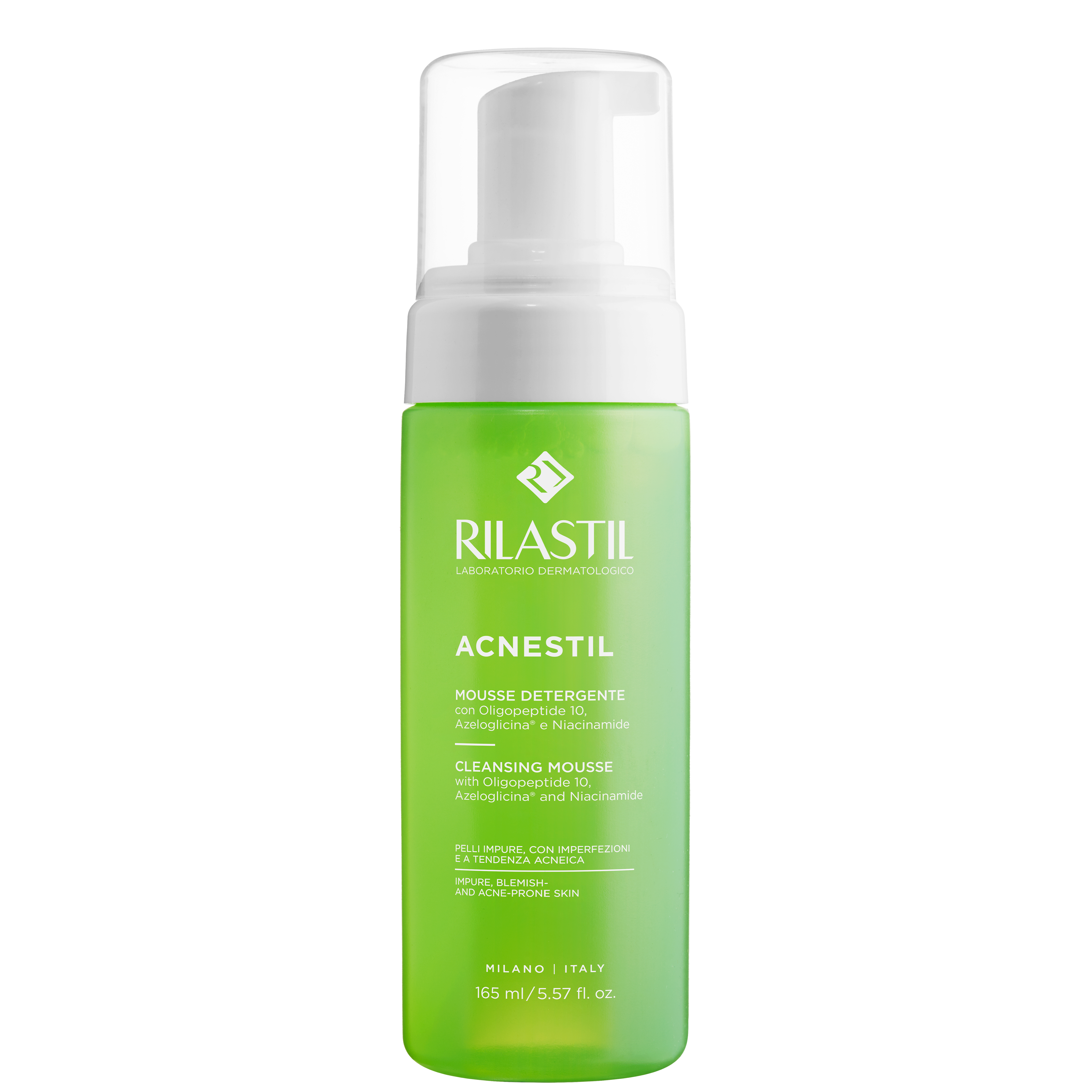 Rilastil Acnestil Cleansing Mousse - For Acne | Hypoallergenic facial cleanser in 165 ml green bottle, ideal for acne-prone and oily skin types.