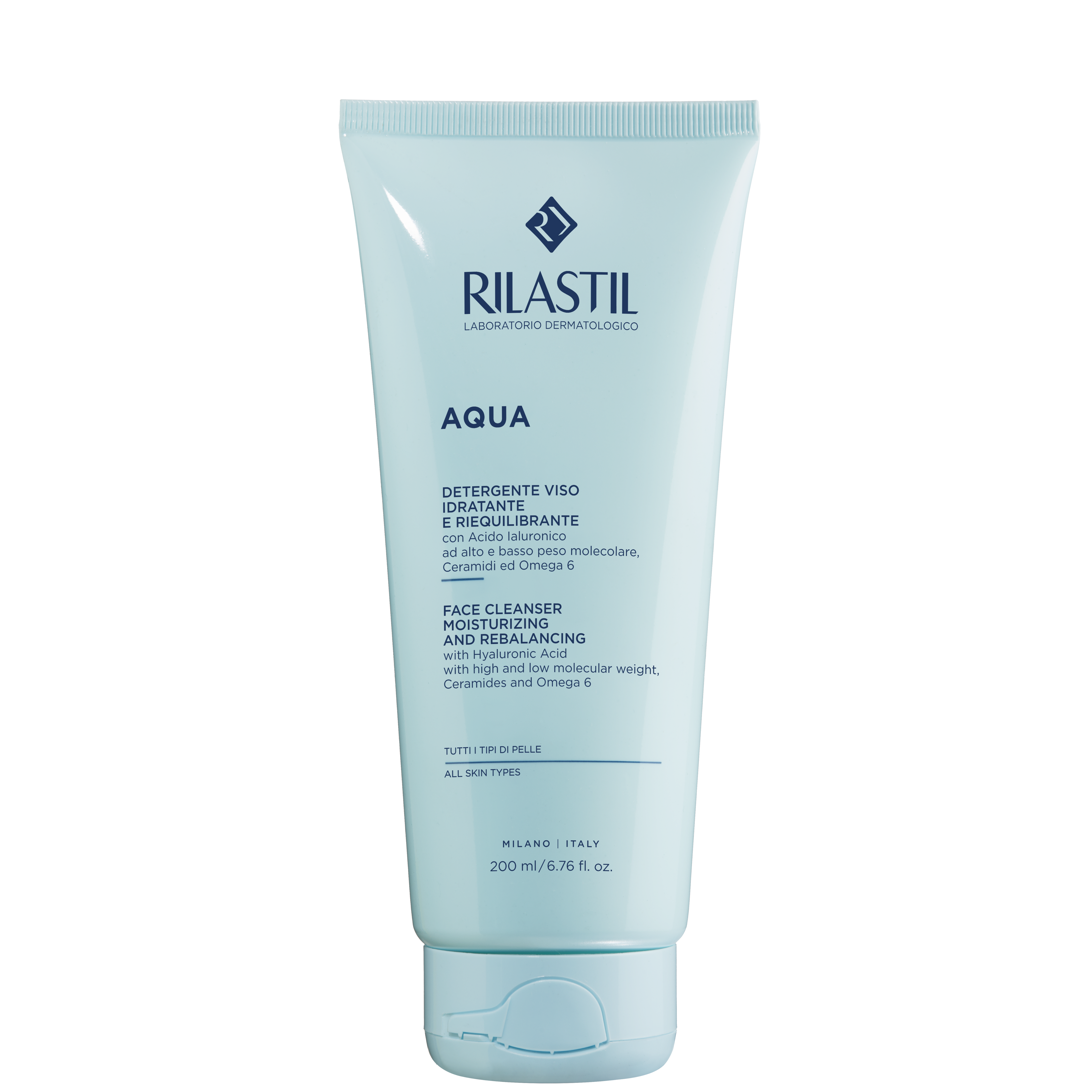 Rilastil Aqua Face Cleanser 200 ml with hyaluronic acid and ceramides for moisturizing and rebalancing all skin types. Ideal for daily skincare routine.