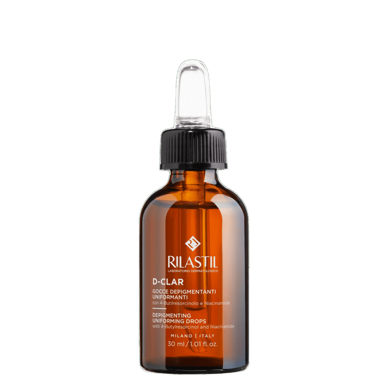 Amber glass dropper bottle of Rilastil D-Clar depigmenting serum with black cap and clear dropper, used for treating hyperpigmentation and dark spots
