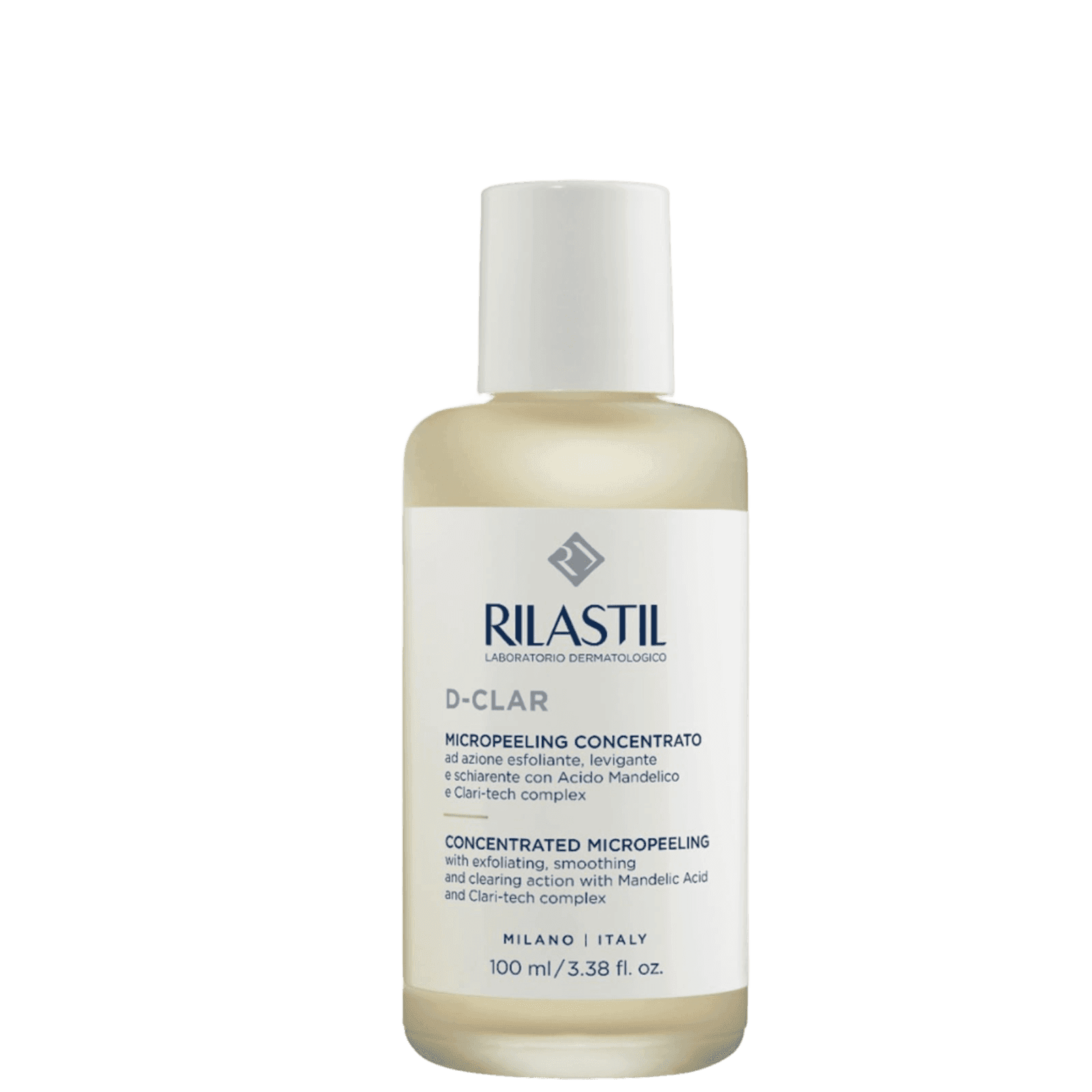 Rilastil D-Clar Micropeeling Treatment bottle with white cap, beige and white label, exfoliating skin care mask for clear skin, 100ml