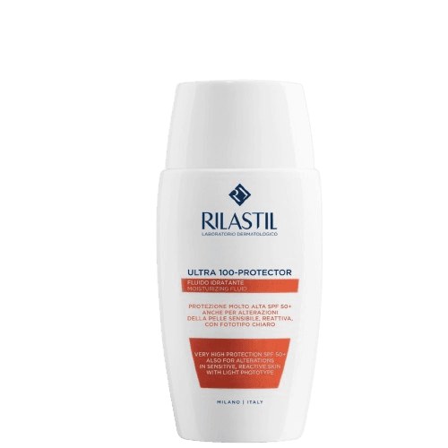 White Rilastil Ultra 100-Protector moisturizing sunblock bottle with blue and red text, designed for sensitive skin, SPF 50+ protection